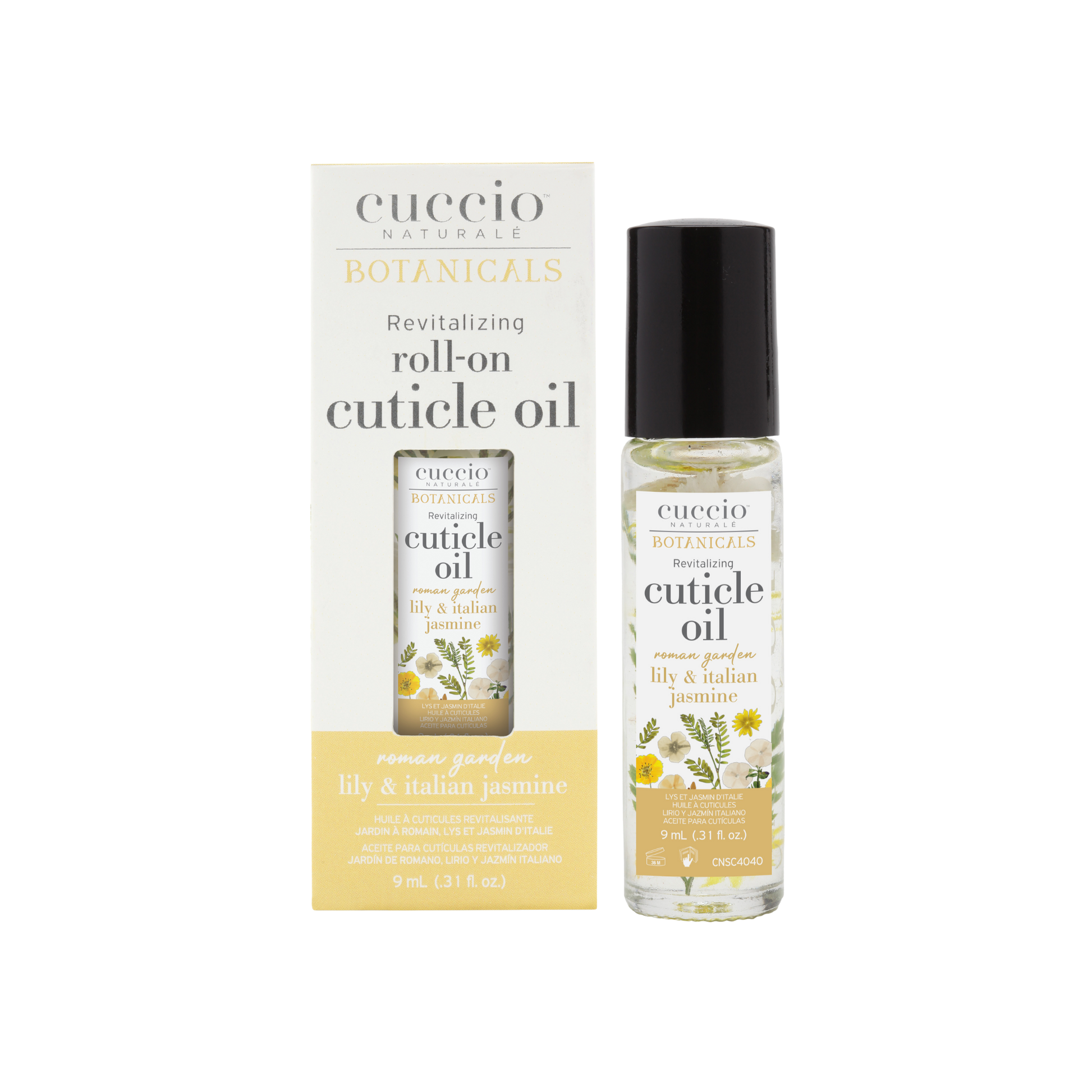 Cuccio Naturalé Roman Garden revitalizing cuticle oil in a 9ml roll-on bottle with botanical design.