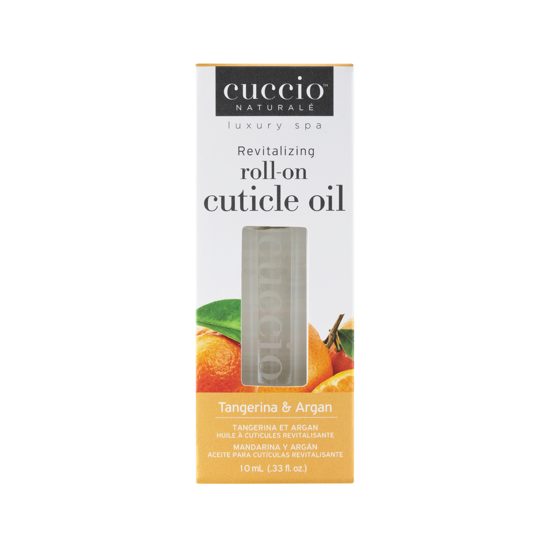 Cuccio Naturalé revitalizing roll-on cuticle oil with tangerina and argan, 10ml, for nourishing and softening cuticles.