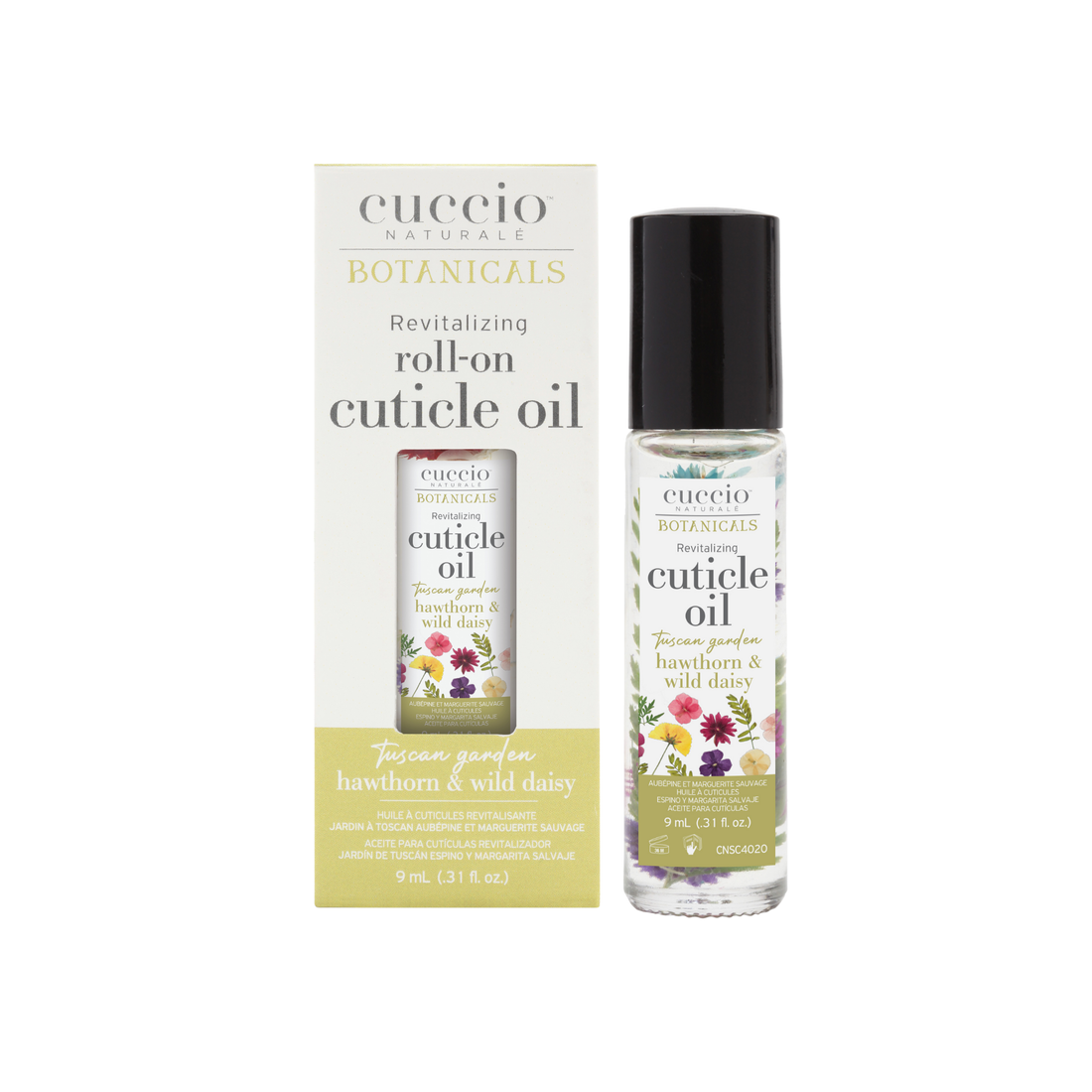 Cuccio Naturalé Revitalizing Roll-On Cuticle Oil in Tuscan Garden with 9ml bottle showing the botanical packaging.