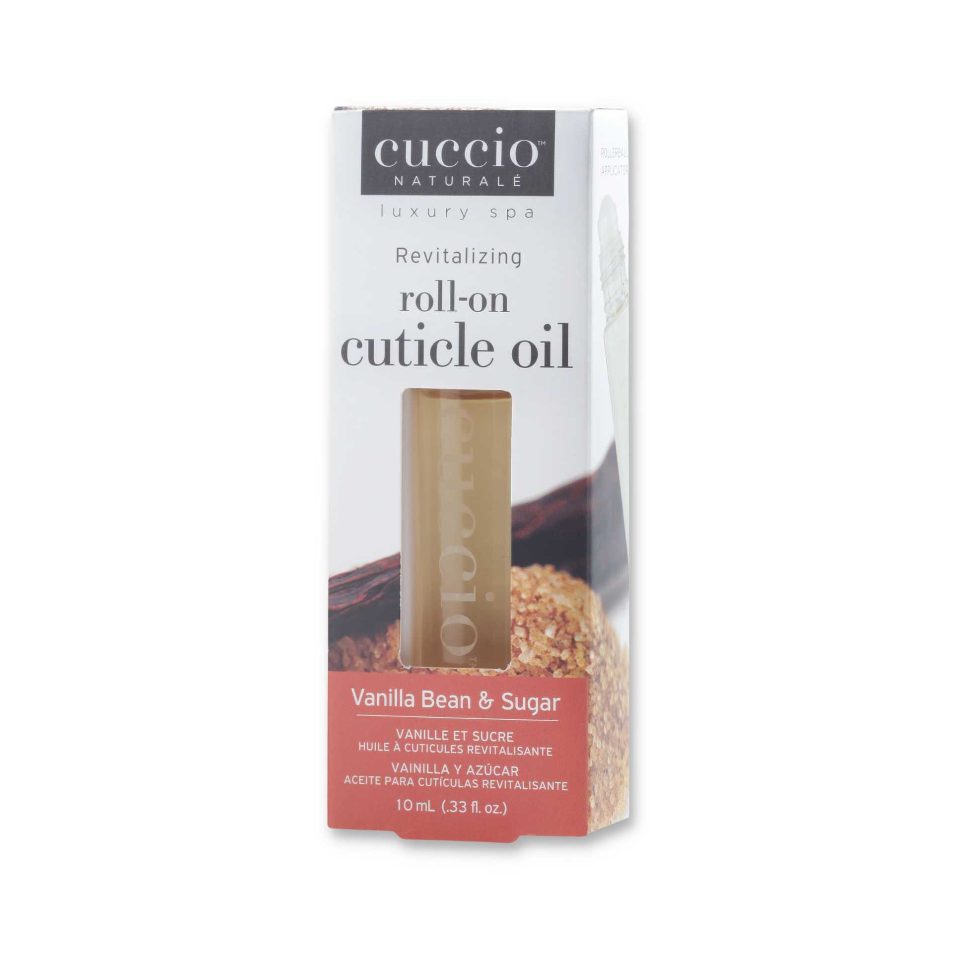 Cuccio Naturalé Revitalizing Roll-on Cuticle Oil with vanilla bean and sugar scent in a clear roller bottle for nourishing cuticles