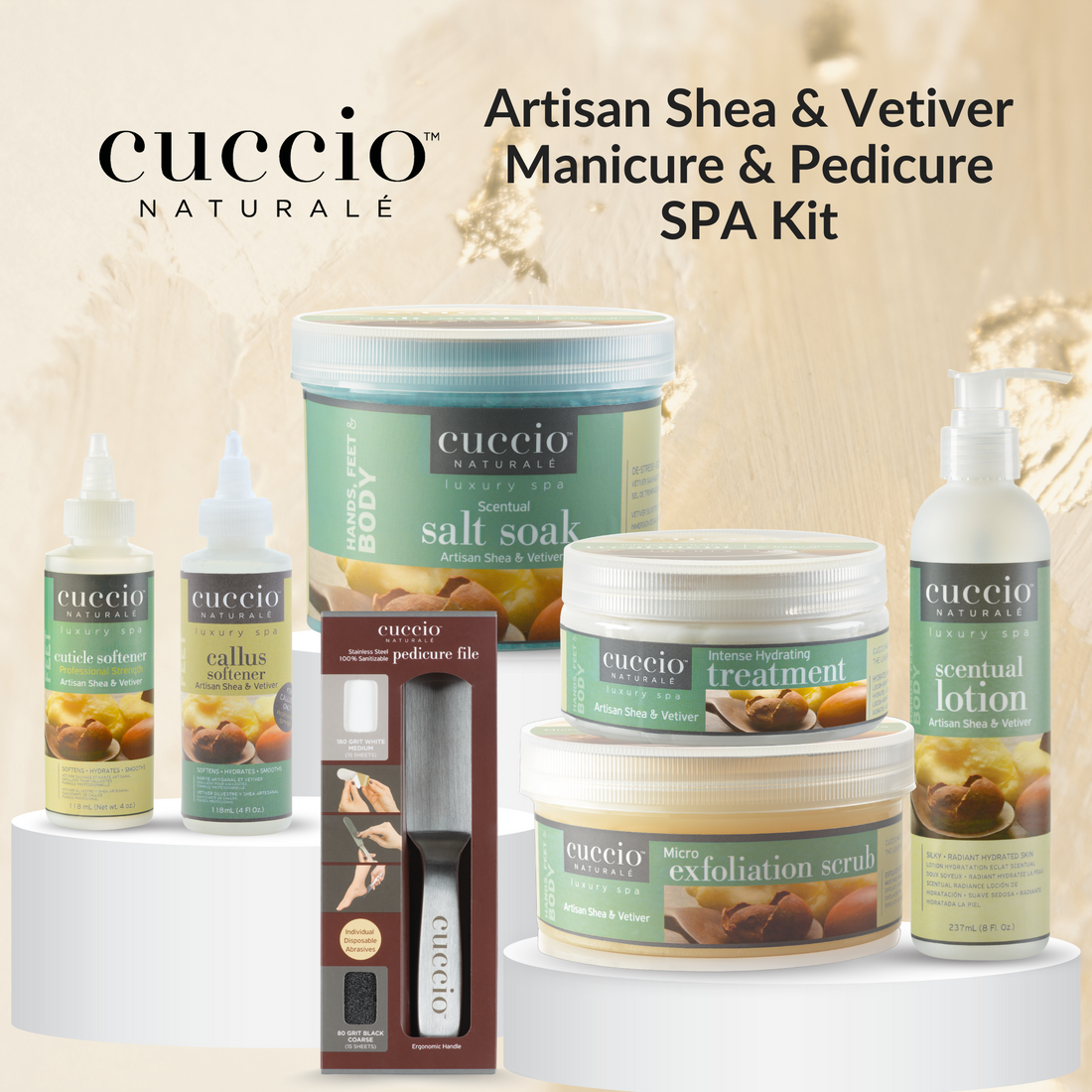 Cuccio Naturalé Vetiver manicure and pedicure spa kit with natural Shea ingredients, including tools and products for nail care.
