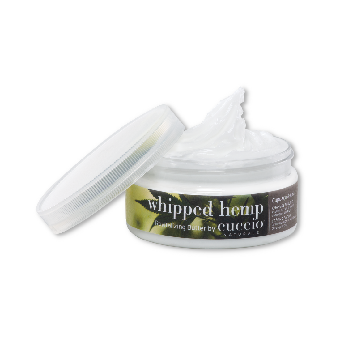 Creamy Cuccio Naturalé Whipped Hemp Butter lotion in a jar, showcasing its rich texture and natural hemp ingredients.