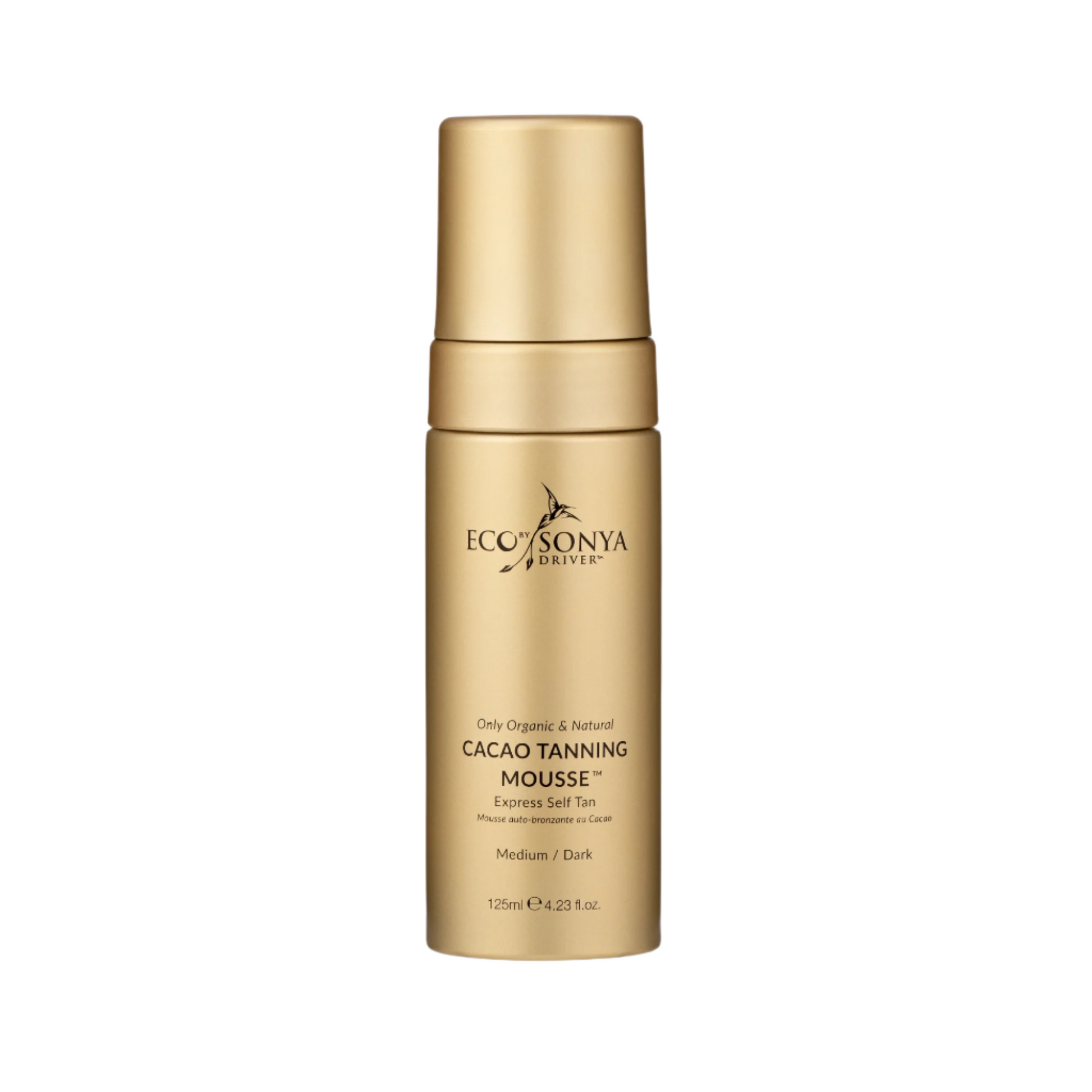Eco by Sonya Driver cacao self tanning mousse bottle with pump dispenser, smooth, rich formula for natural bronze glow