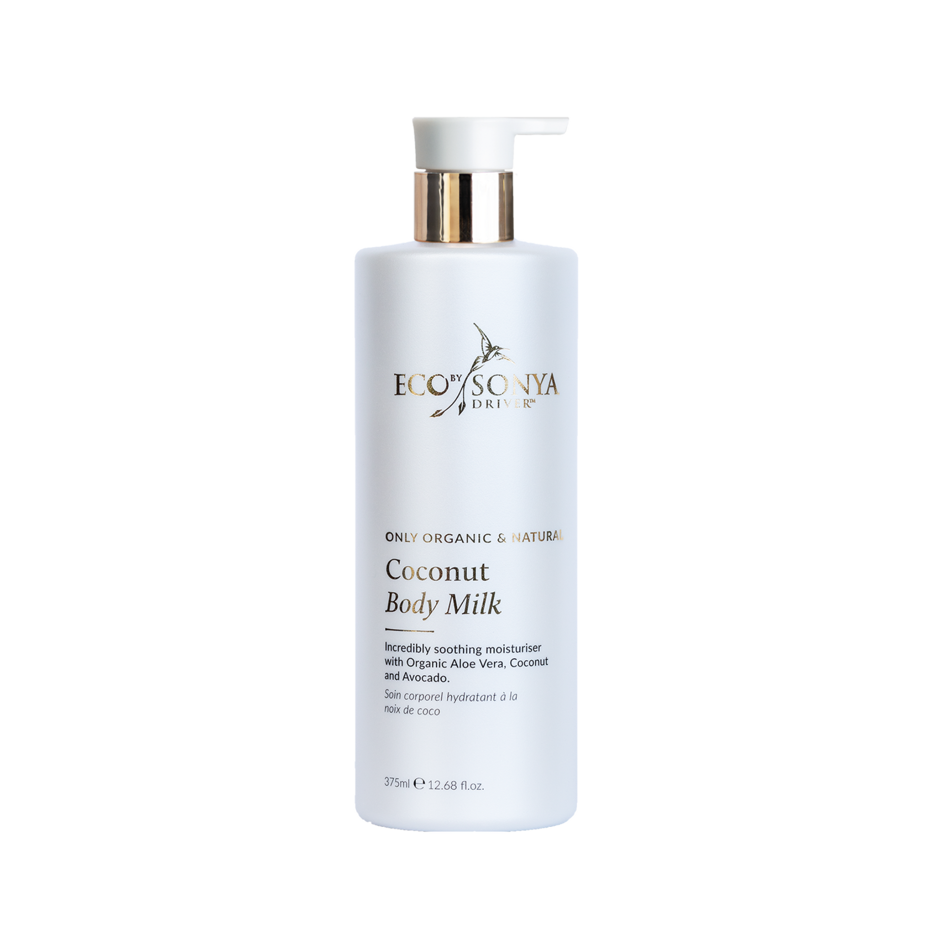 Eco by Sonya Driver Coconut Body Milk lotion and moisturizer bottle with coconut imagery and natural packaging design.
