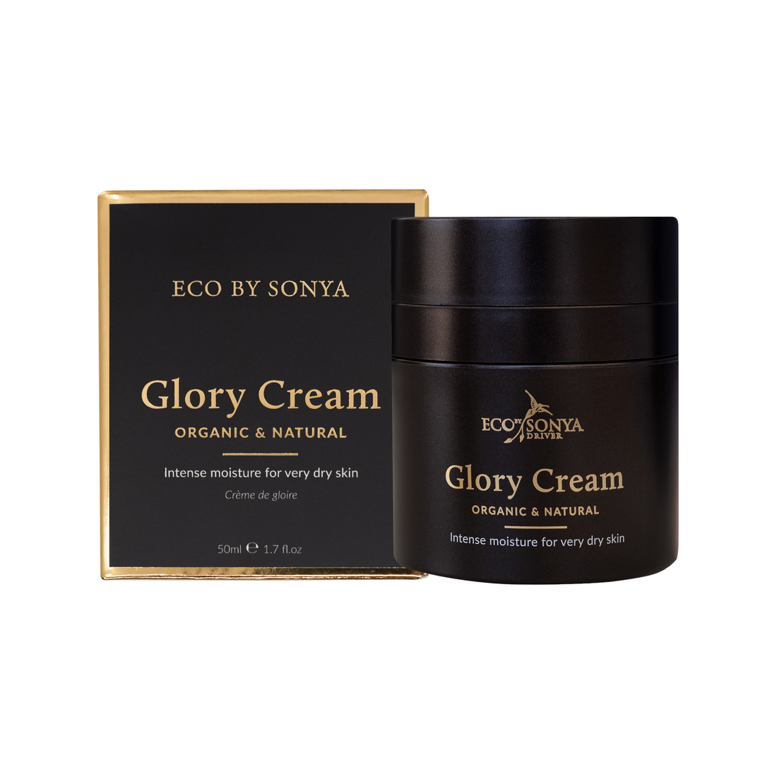 Eco by Sonya Driver Glory Cream skincare serum in a sleek jar, showcasing its luxurious texture and elegant packaging.
