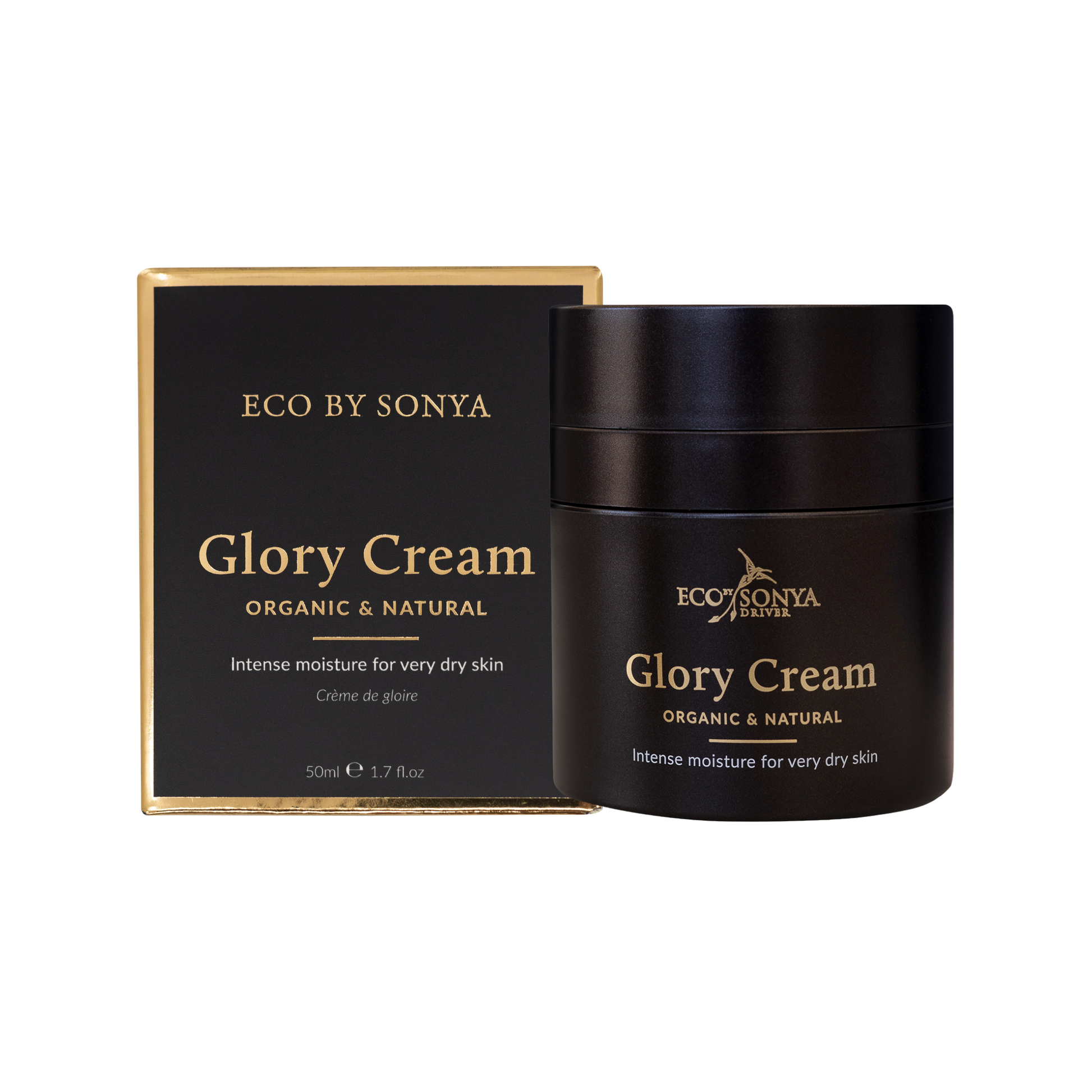 Eco by Sonya Driver Glory Cream skincare serum in a sleek jar, showcasing its luxurious texture and elegant packaging.