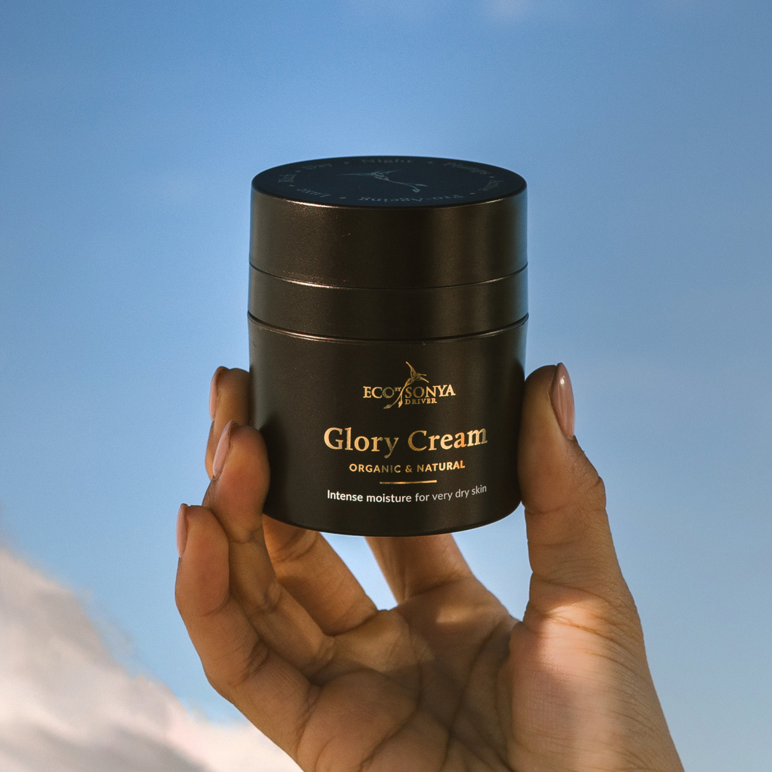 Eco by Sonya Driver Glory Cream skincare serum in a sleek jar, showcasing its luxurious texture and elegant packaging.