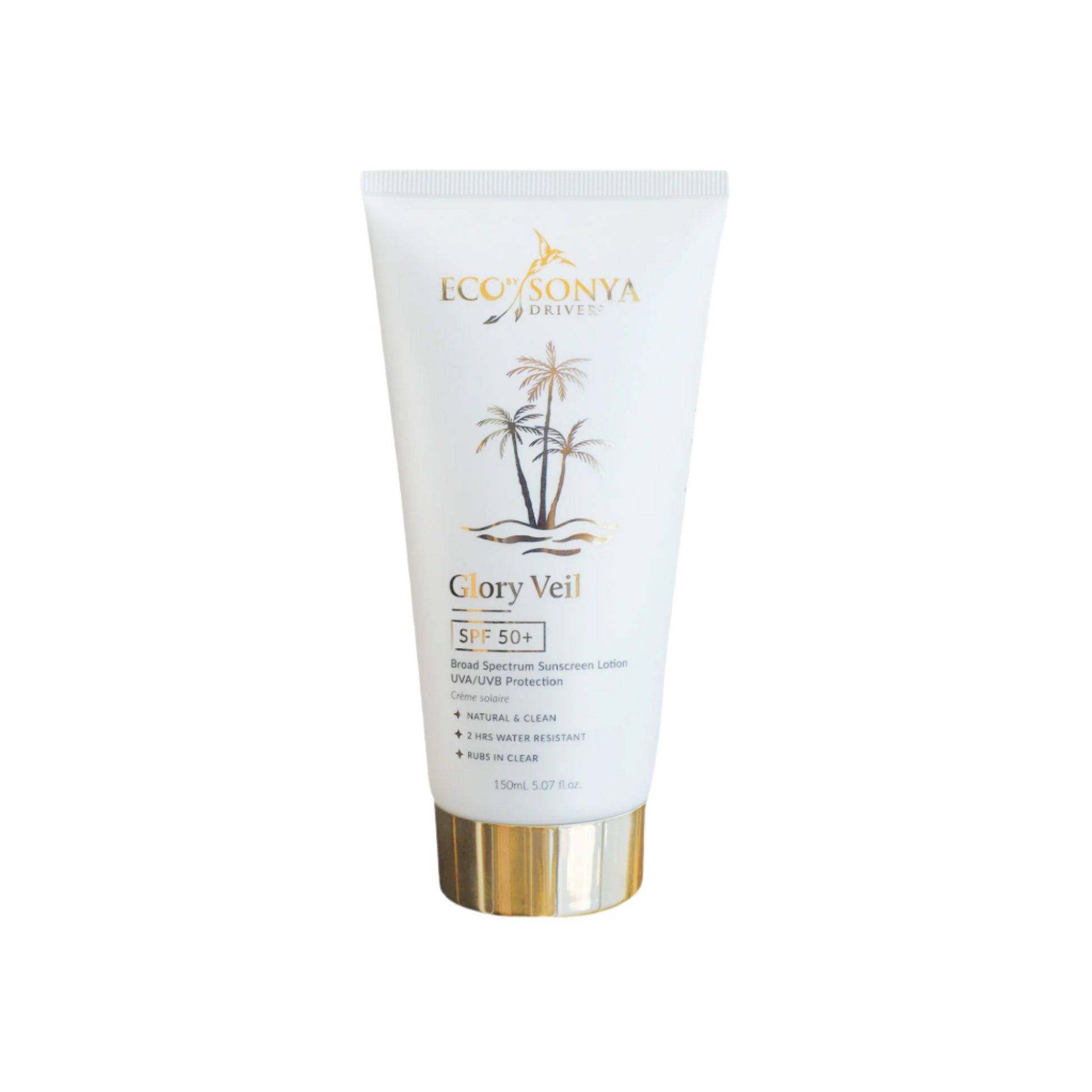 Eco by Sonya Driver Glory Veil Sunscreen Lotion SPF50+ in a white bottle with a pump dispenser and blue accents.