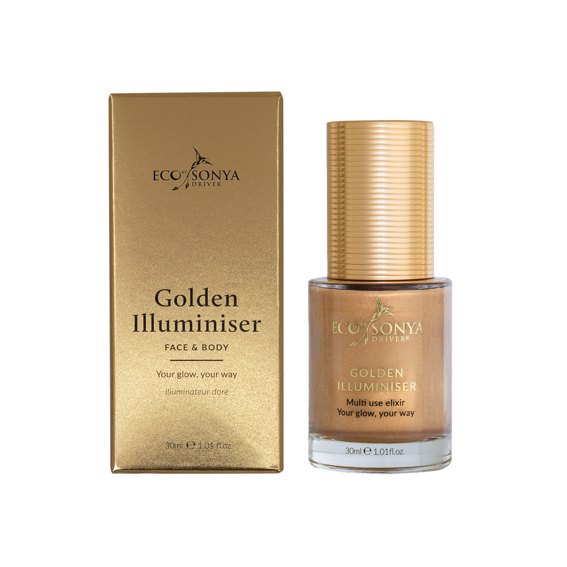 Eco by Sonya Driver Golden Illuminiser skincare serum in a sleek bottle with a golden cap, designed for radiant skin enhancement.