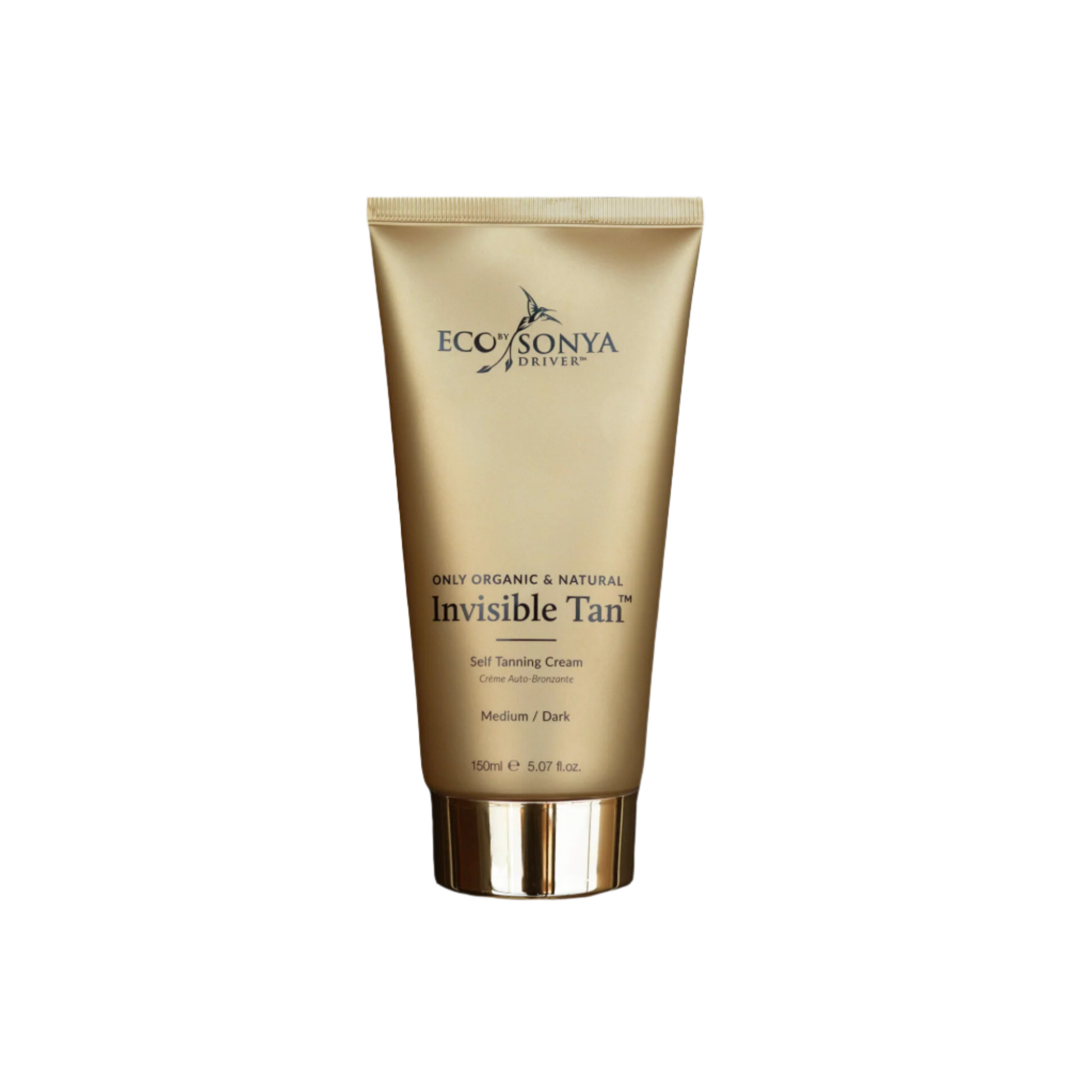 Eco by Sonya Driver invisible self-tanner bottle showing a natural tan, smooth texture, and product label on a clean background.