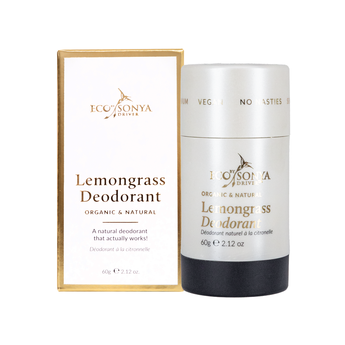 Eco By Sonya Driver lemongrass natural deodorant stick showing the product with a clean, minimalist design.
