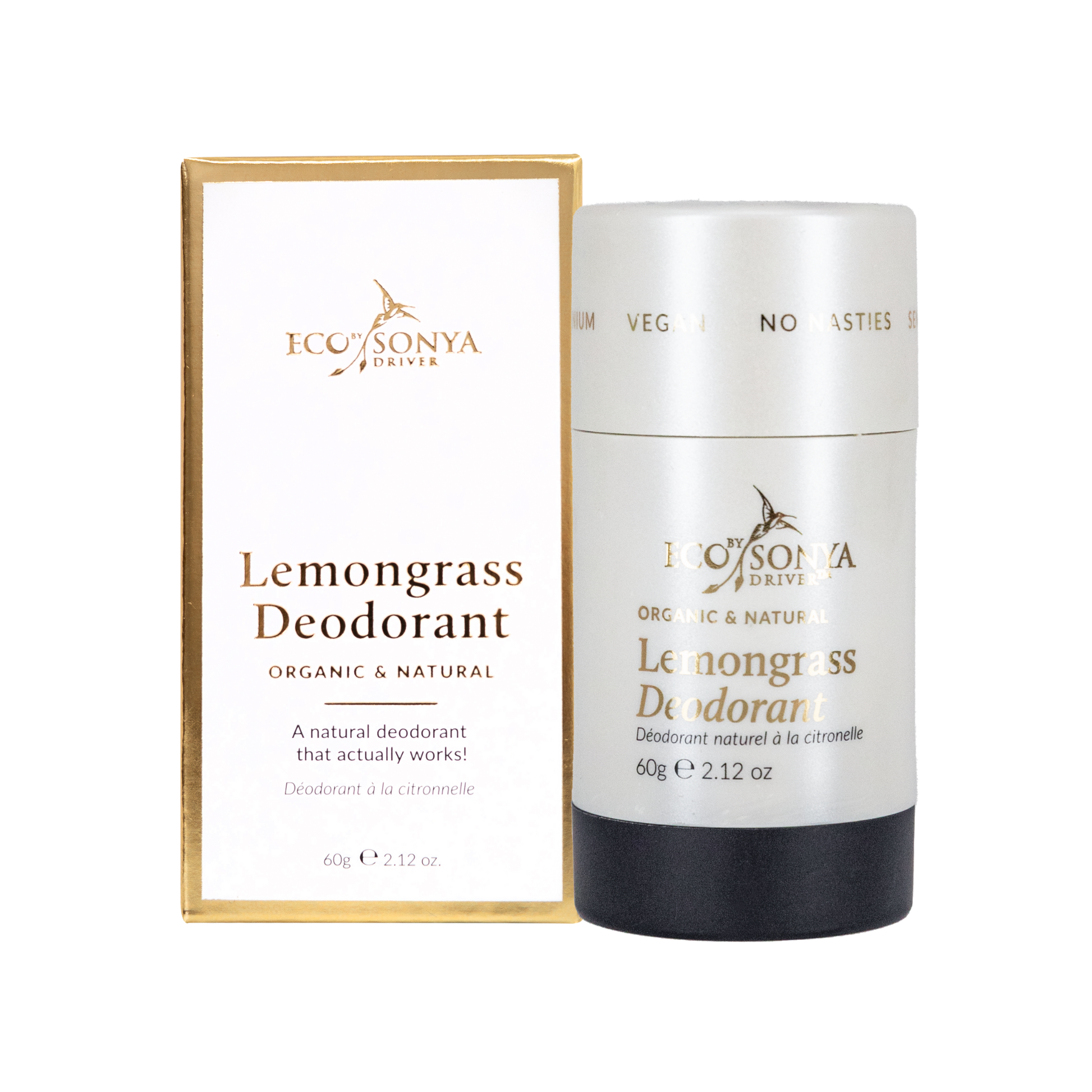 Eco By Sonya Driver lemongrass natural deodorant stick showing the product with a clean, minimalist design.