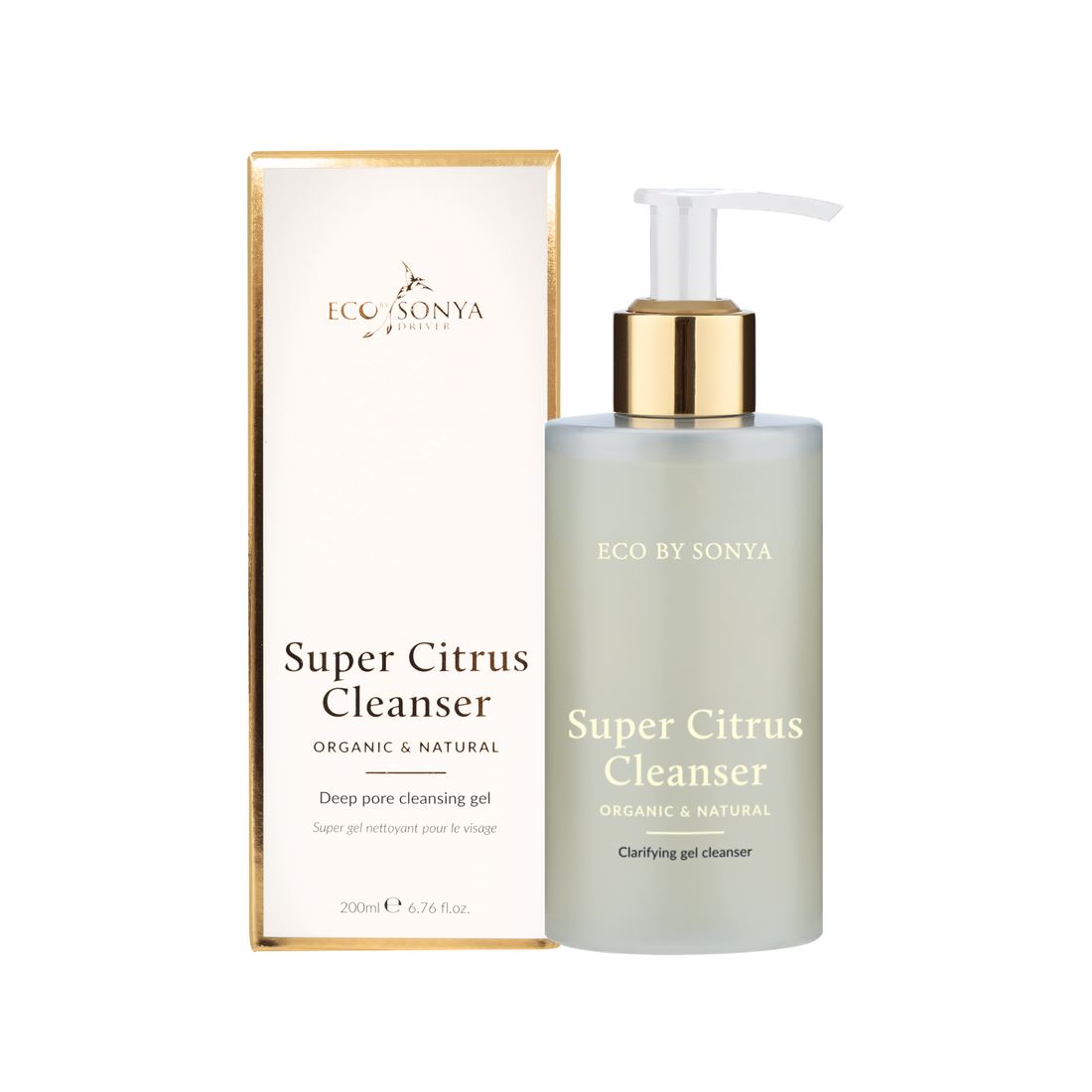 Eco by Sonya Driver Super Citrus Cleanser in a clear pump bottle, featuring fresh citrus fruits and natural ingredients for facial cleansing.