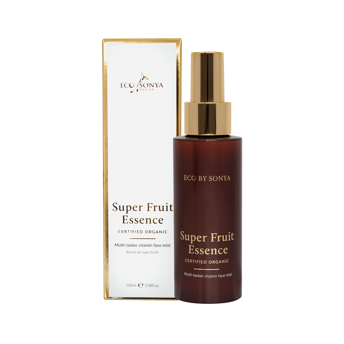 ECO BY SONYA Super Fruit Essence bottle and packaging on a white background