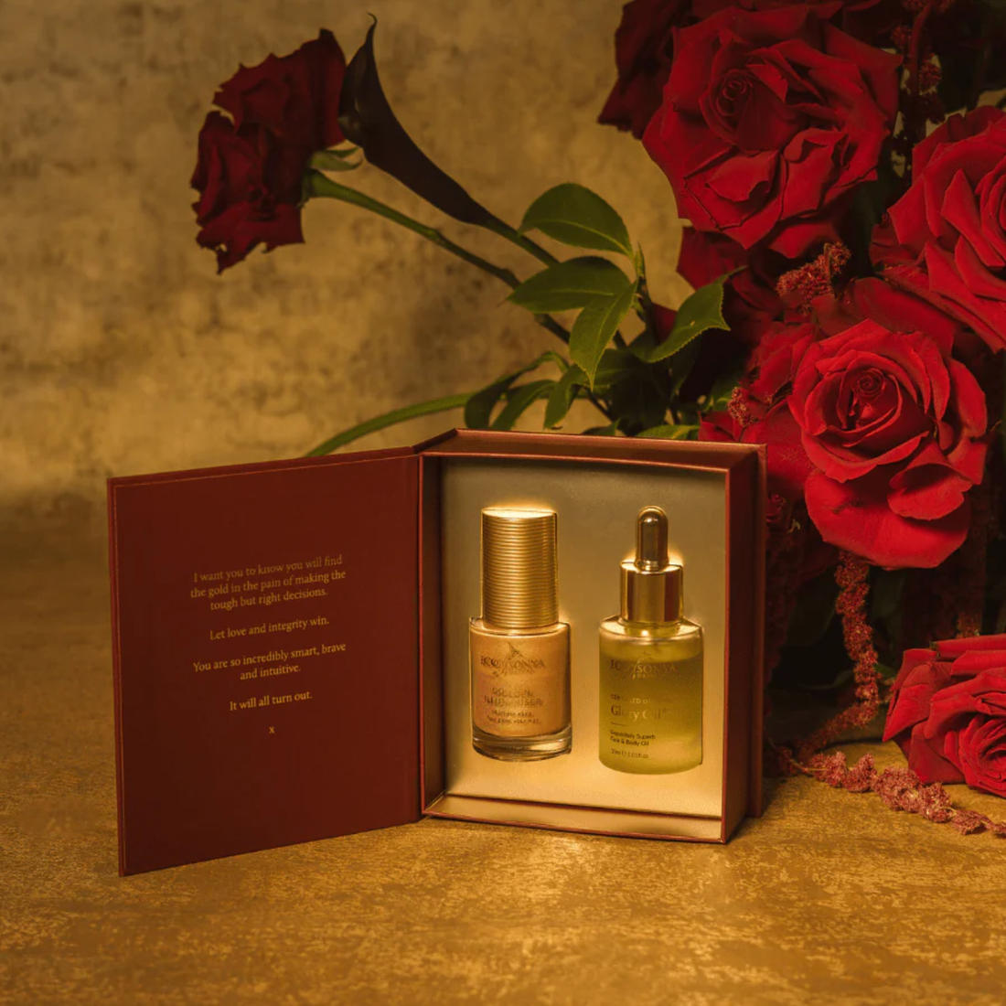 Eco by Sonya 'That's Gold' skincare set with two bottles and a box on a white background