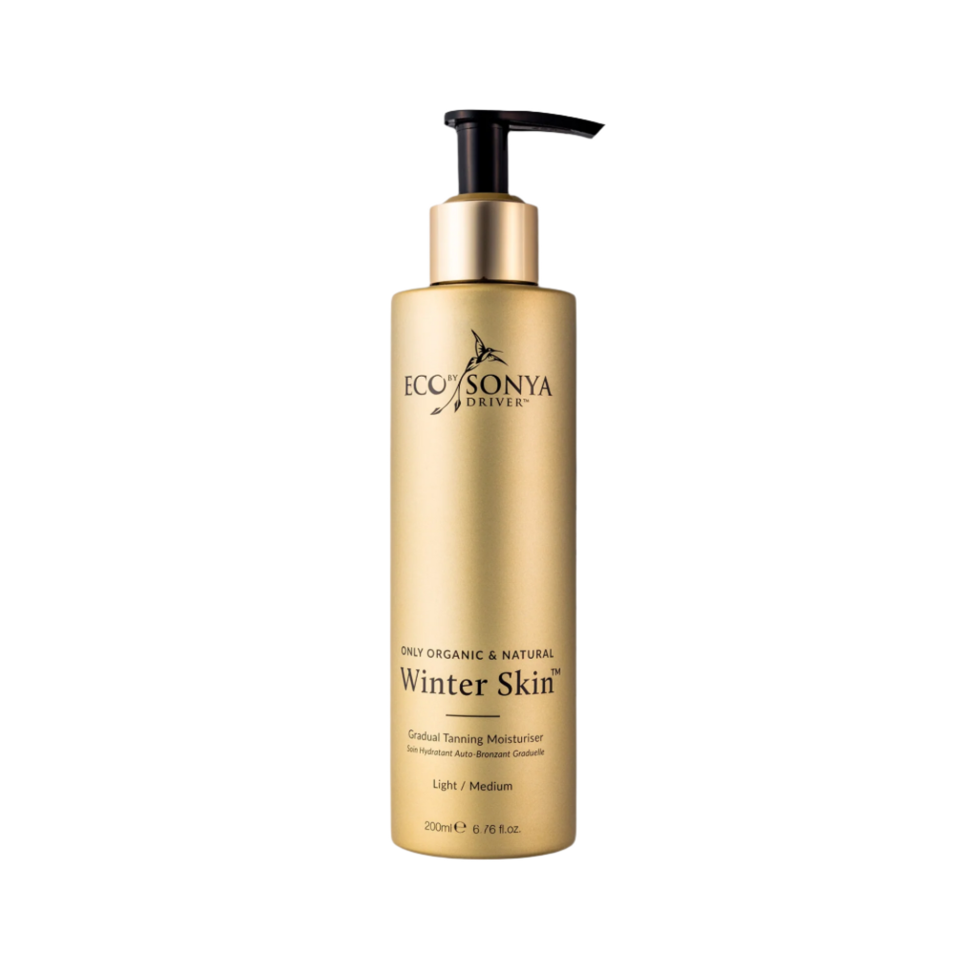 Eco by Sonya Driver Winter Skin self-tanner bottle with a winter-themed background, showcasing a natural, glowing skin tone.
