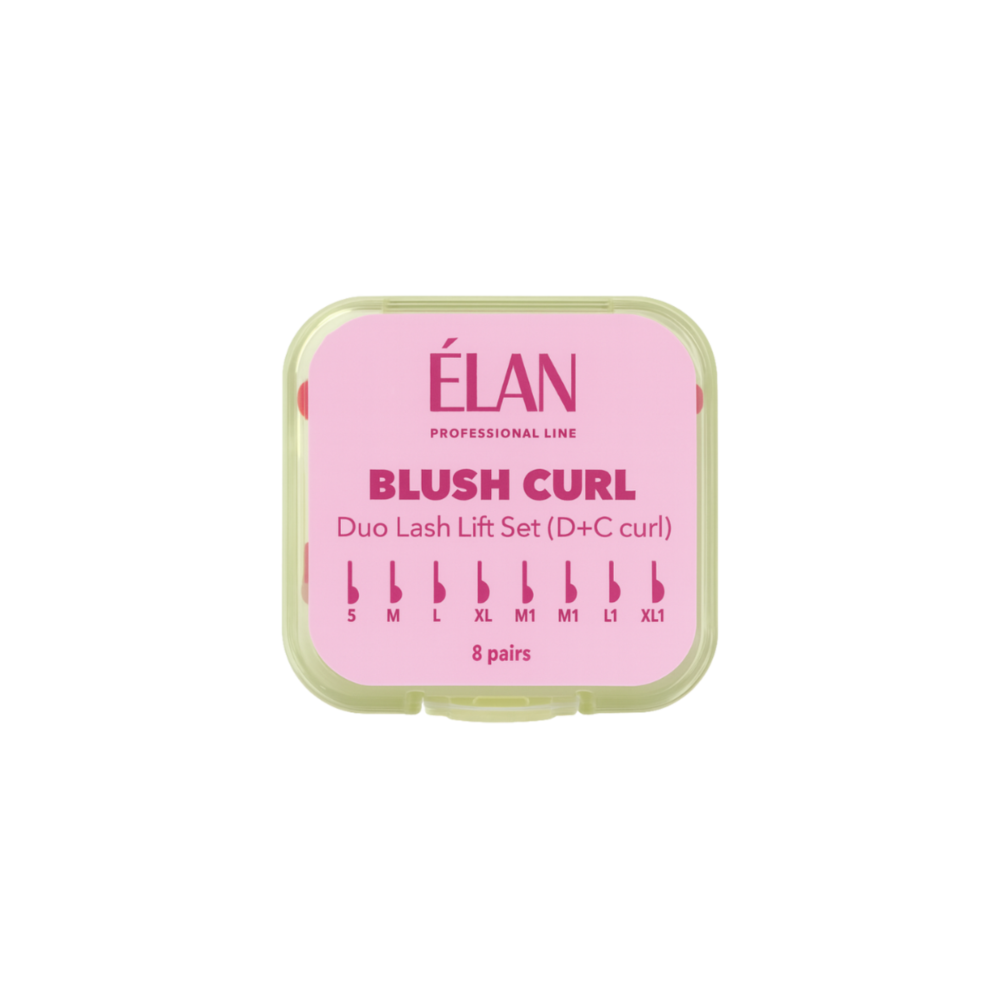Élan Cosmetics Blush Curl Duo Lash Lift Set with D+C Curl silicone pads, includes lash lift tools for professional-looking curls.