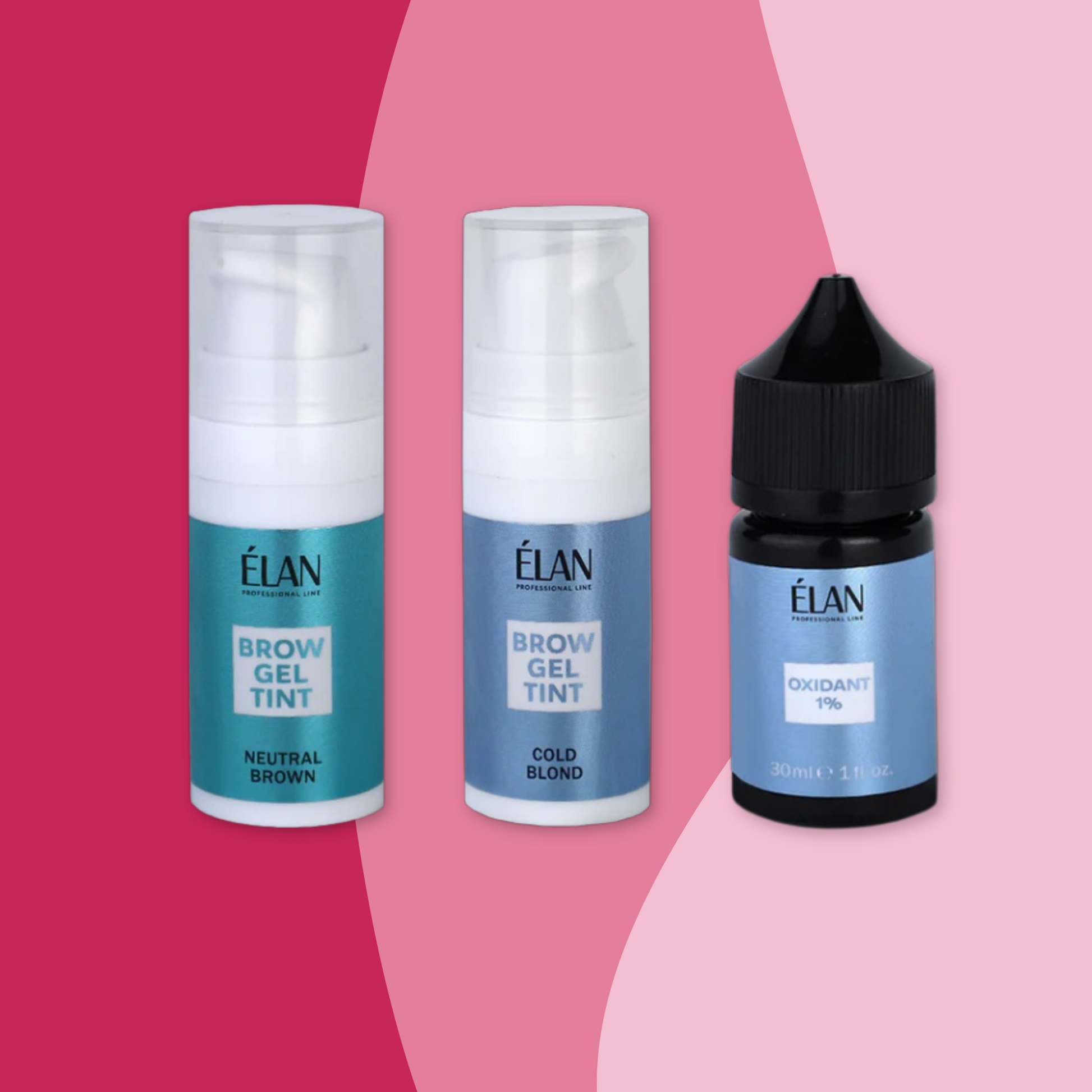Élan Brow Gel Tint Airless Kit with oxidizer, featuring brow gel and tinting tools for professional lash and brow tinting.