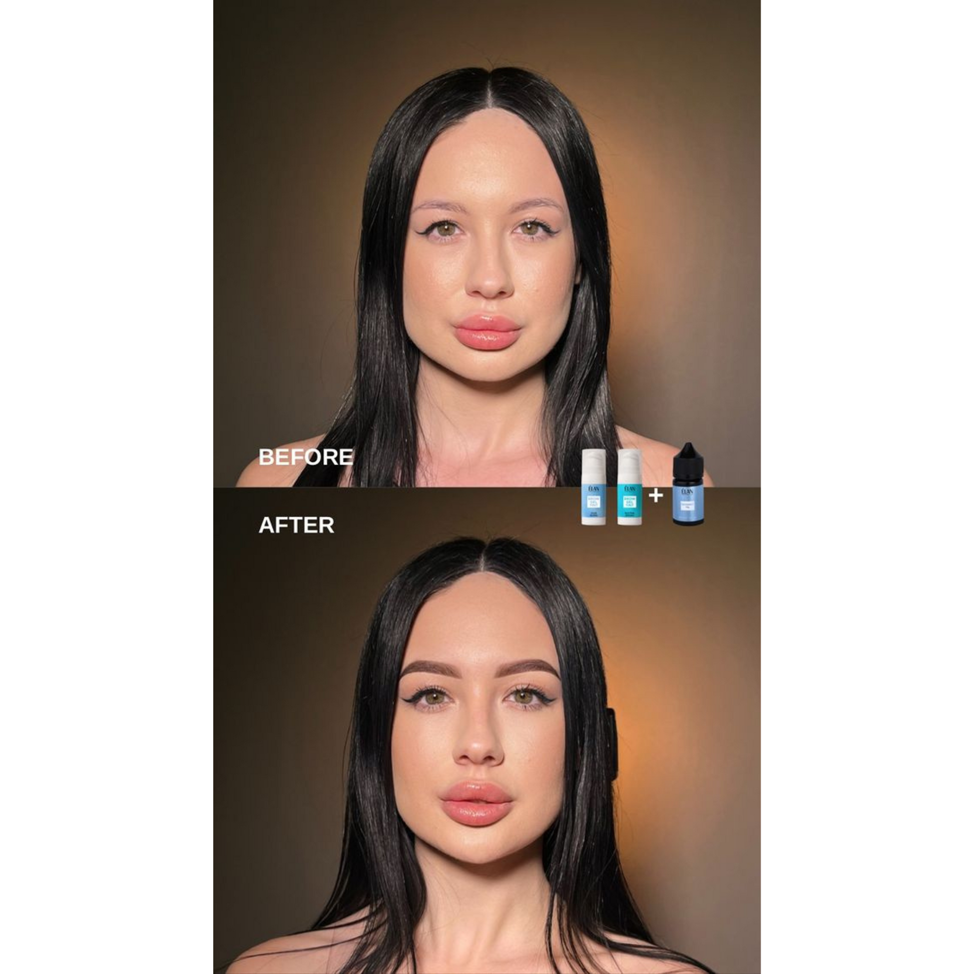 Élan Cosmetics Élan Oxidant 1% for eyelash and eyebrow tinting, shown in before and after images.