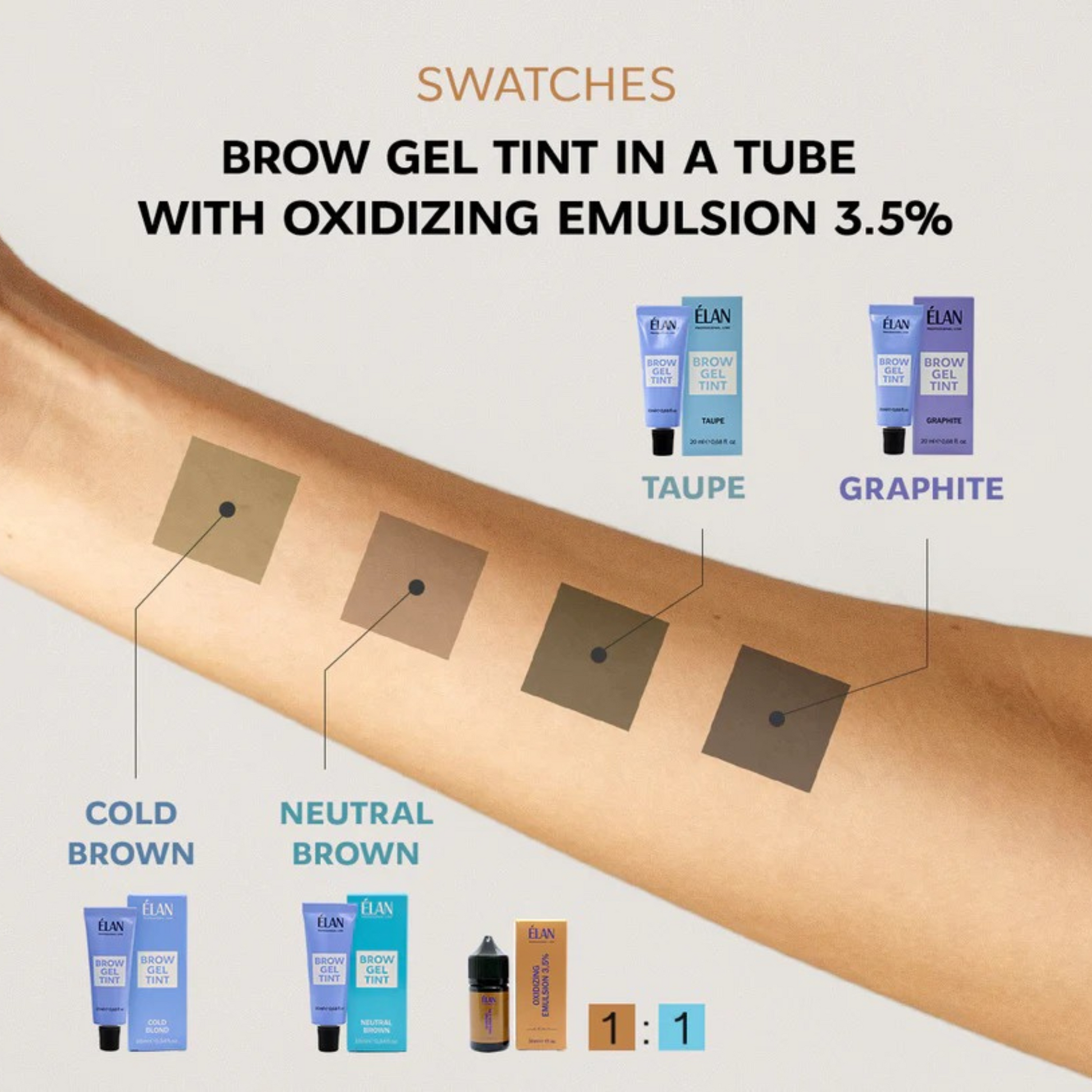 Élan Brow Gel Tint in Neutral Brown, 20ml tube, for natural-looking lash and brow coloring, from Élan Cosmetics.