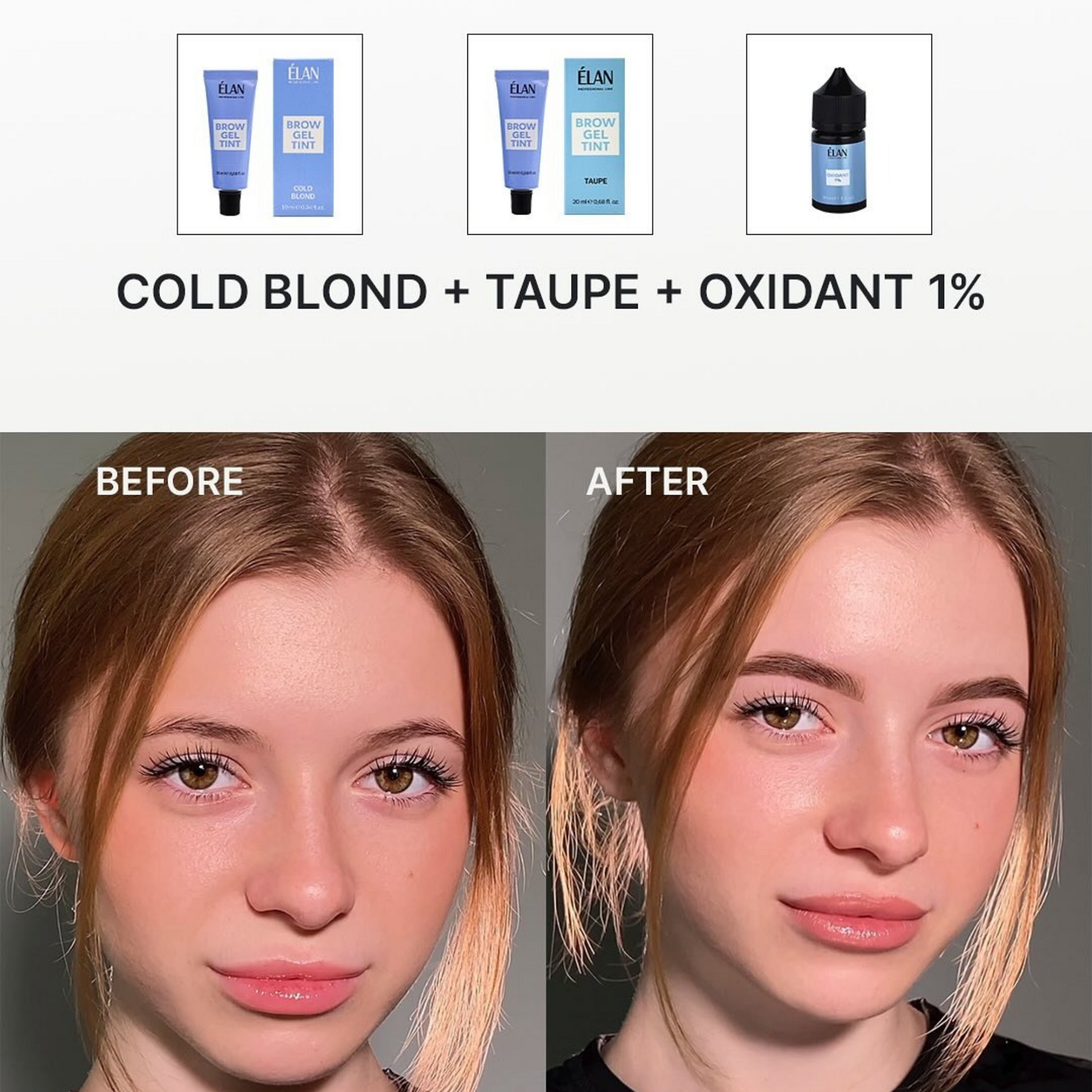 Élan Brow Gel Tint Taupe in a 20ml tube, designed for natural-looking brow coloring and shaping.