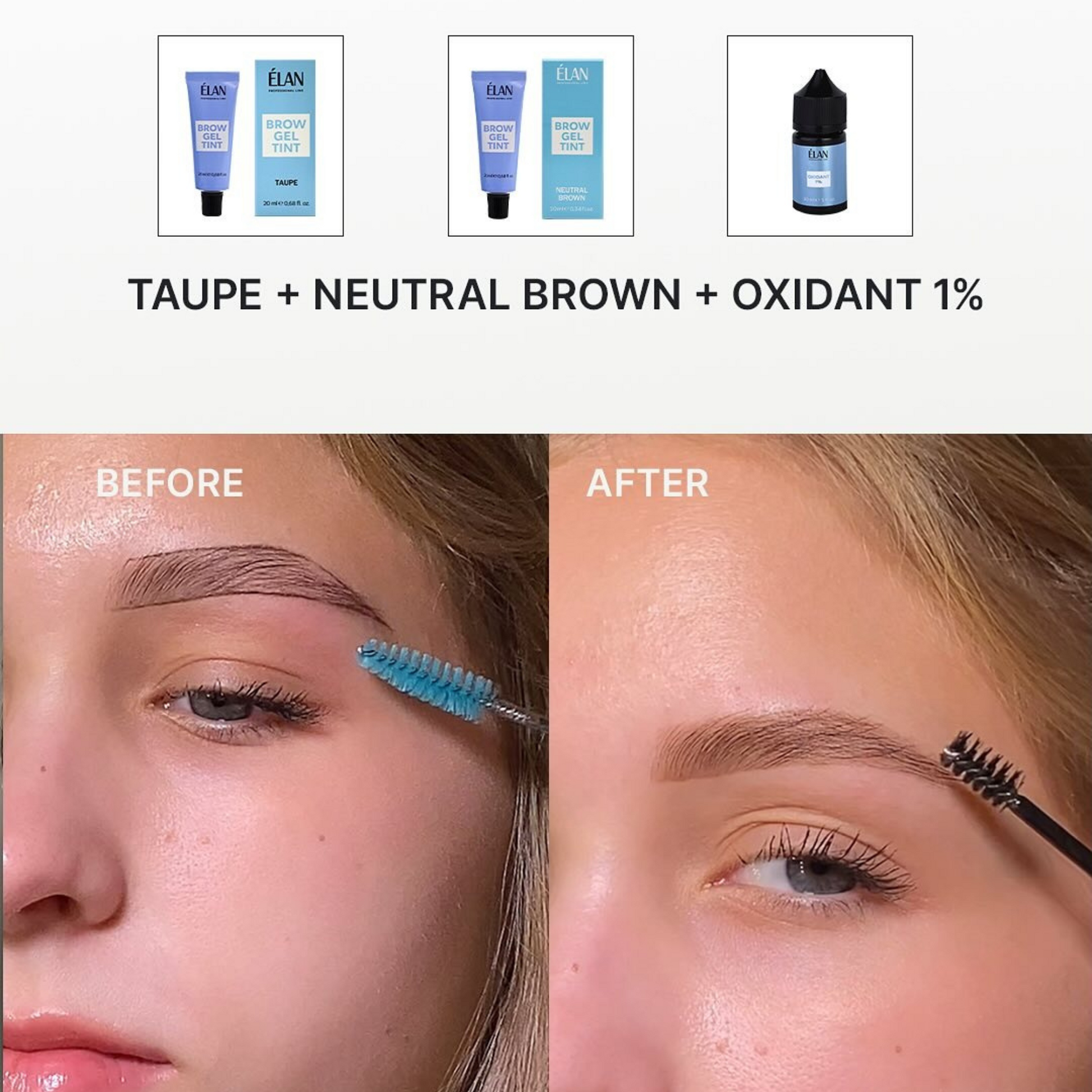 Élan Brow Gel Tint Neutral Brown in a 20ml tube, designed for natural-looking brow coloring and shaping.