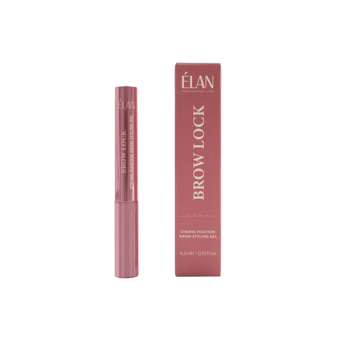 Élan Brow Lock strong fixation brow styling gel in a clear tube, designed for shaping and setting eyebrows.