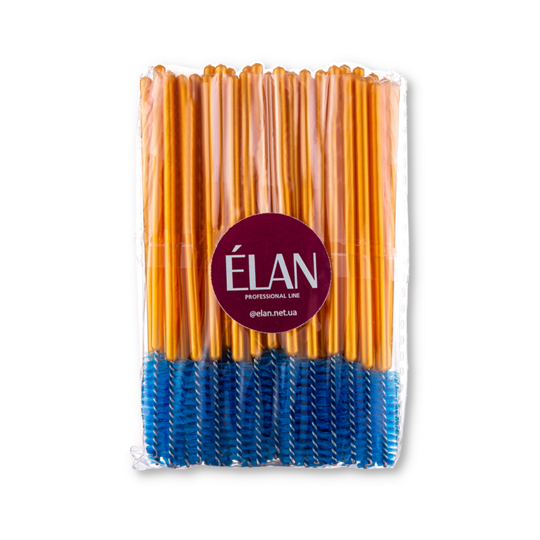 Blue Élan Cosmetics disposable nylon brush for lashes and brows, with a sleek handle and fine bristles for precise application.