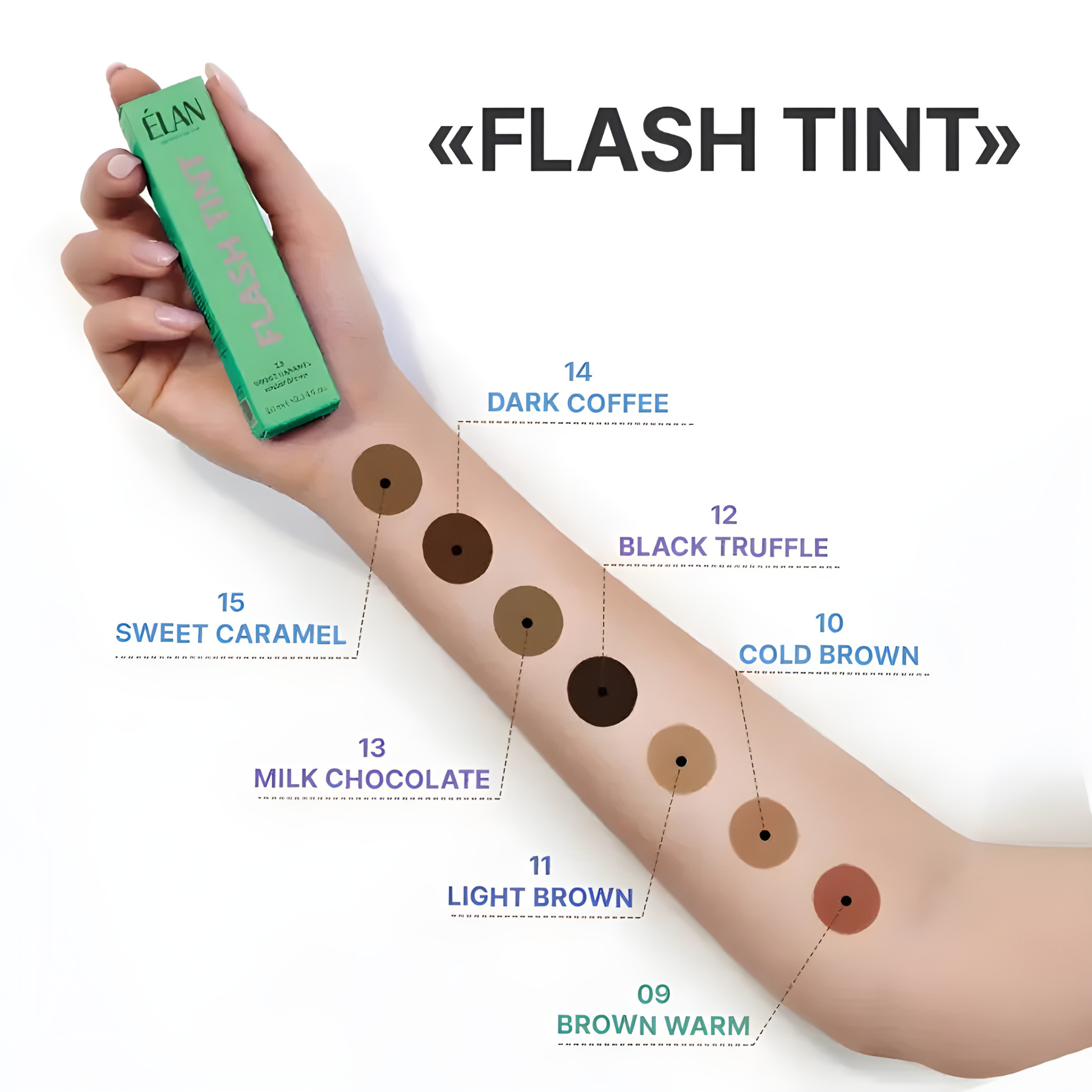 Swatches of Élan Flash Tint in 14 Dark Coffee for lashes and brows from Élan Cosmetics professional tinting line.