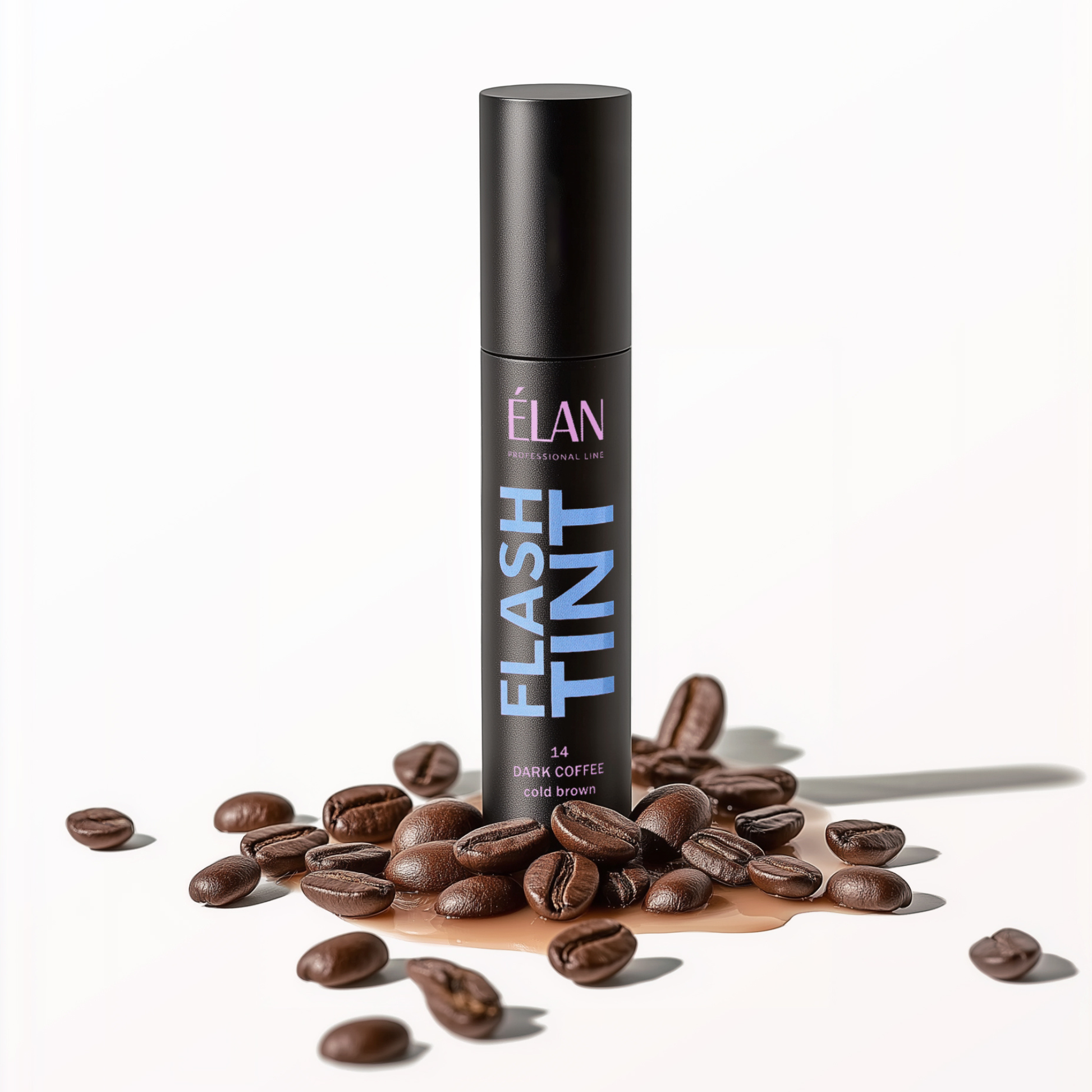 Élan Flash Tint Dark Coffee for lashes and brows, dark coffee-colored tint from Élan Cosmetics, applied on natural lashes or brows.