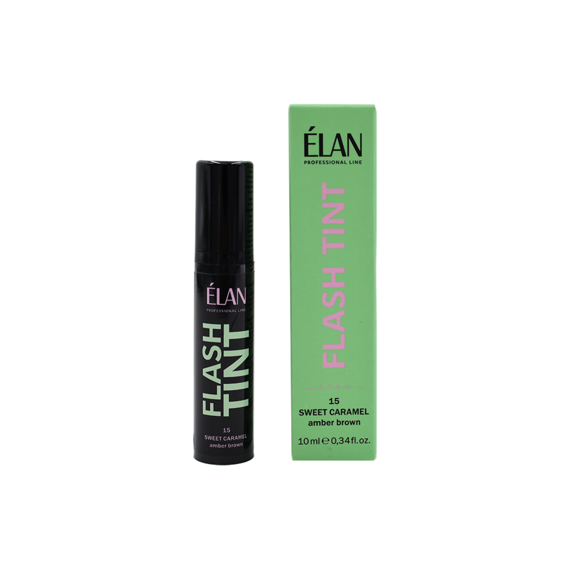 Élan Flash Tint in Sweet Caramel for lashes and brows, showing a small bottle with caramel-colored tint liquid.