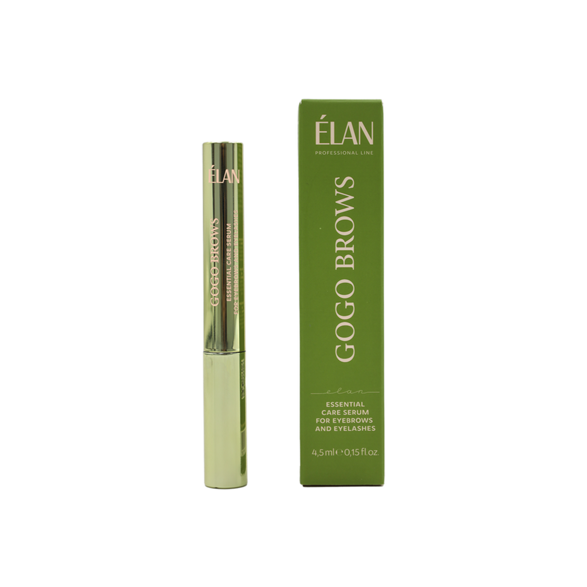 Élan GoGo Brows Essential Care Serum for eyebrows and eyelashes, 4.5ml, in a clear bottle with a brush applicator.