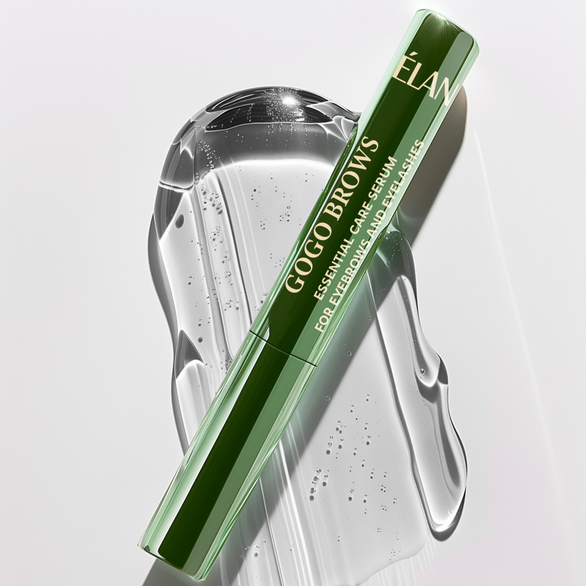 Élan GoGo Brows Essential Care Serum for eyebrows and eyelashes, 4.5ml bottle, showing the serum applicator and product packaging.