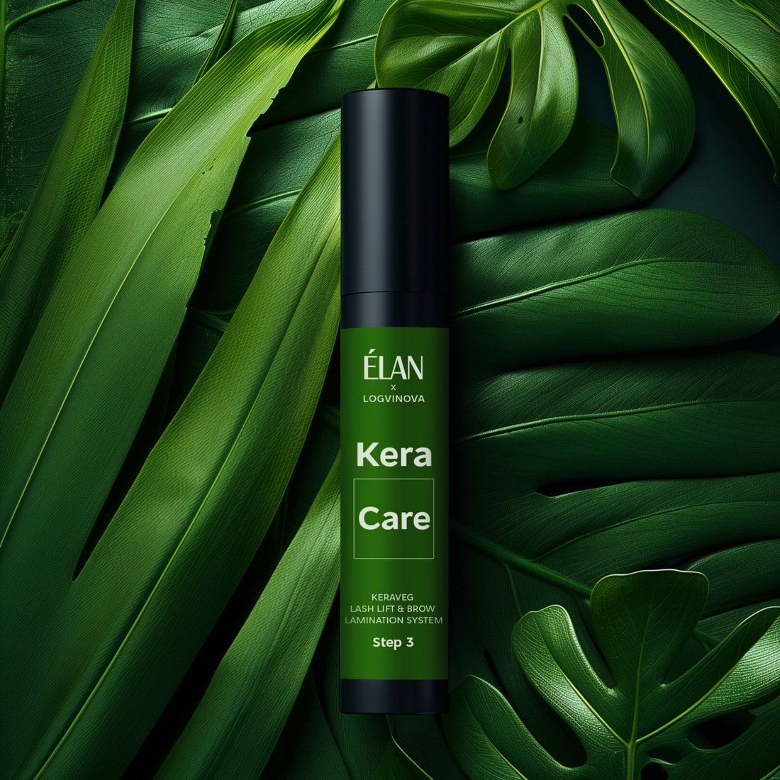Élan KeraCare Lash & Brow Caring Serum applied to lashes and brows for lamination, part of the KeraVeg Lash Lift and Brow Lamination System.