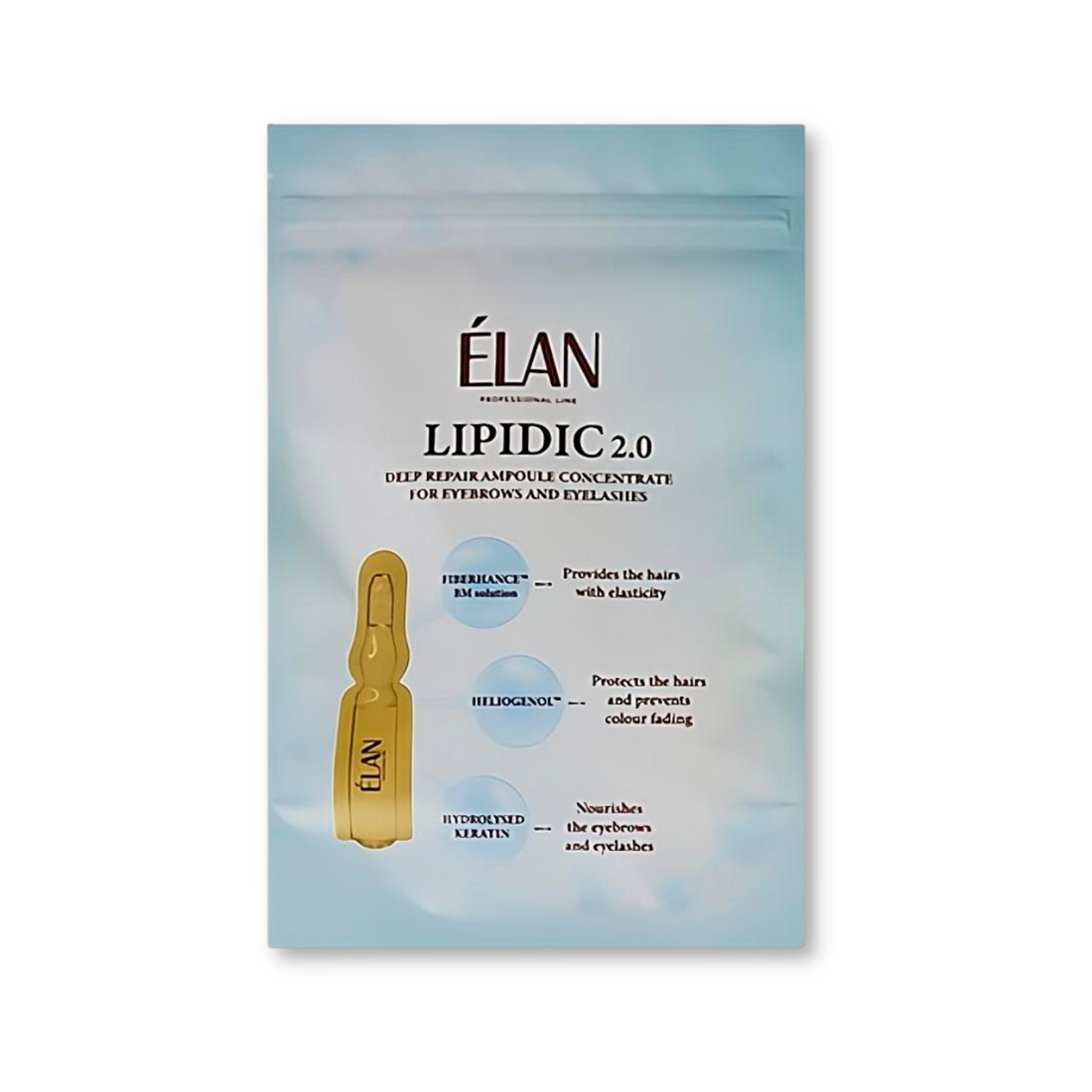 Élan Lipidic 2.0 Deep Repair Concentrate for eyebrows and eyelashes, shown in single-dose packaging by Élan Cosmetics.