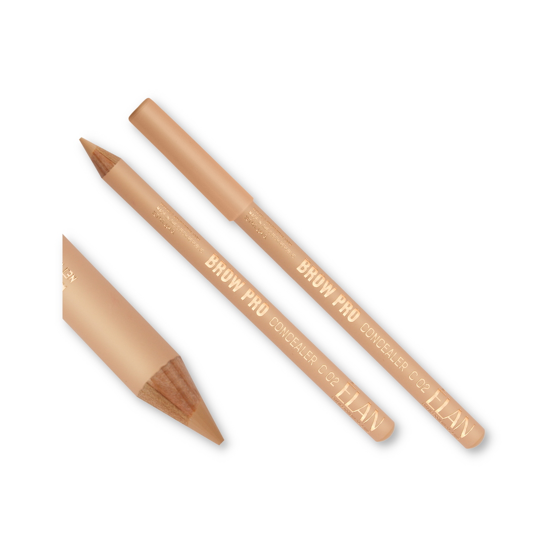 Élan Multipurpose Concealer Pencil C02 Warm Nude for lashes and brows tint, natural skin tone, with pencil tip and packaging visible.