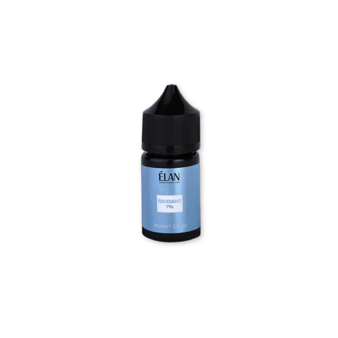 Bottle of Élan Cosmetics Oxidant 1% for lash and brow tinting, with a clear label and white cap.