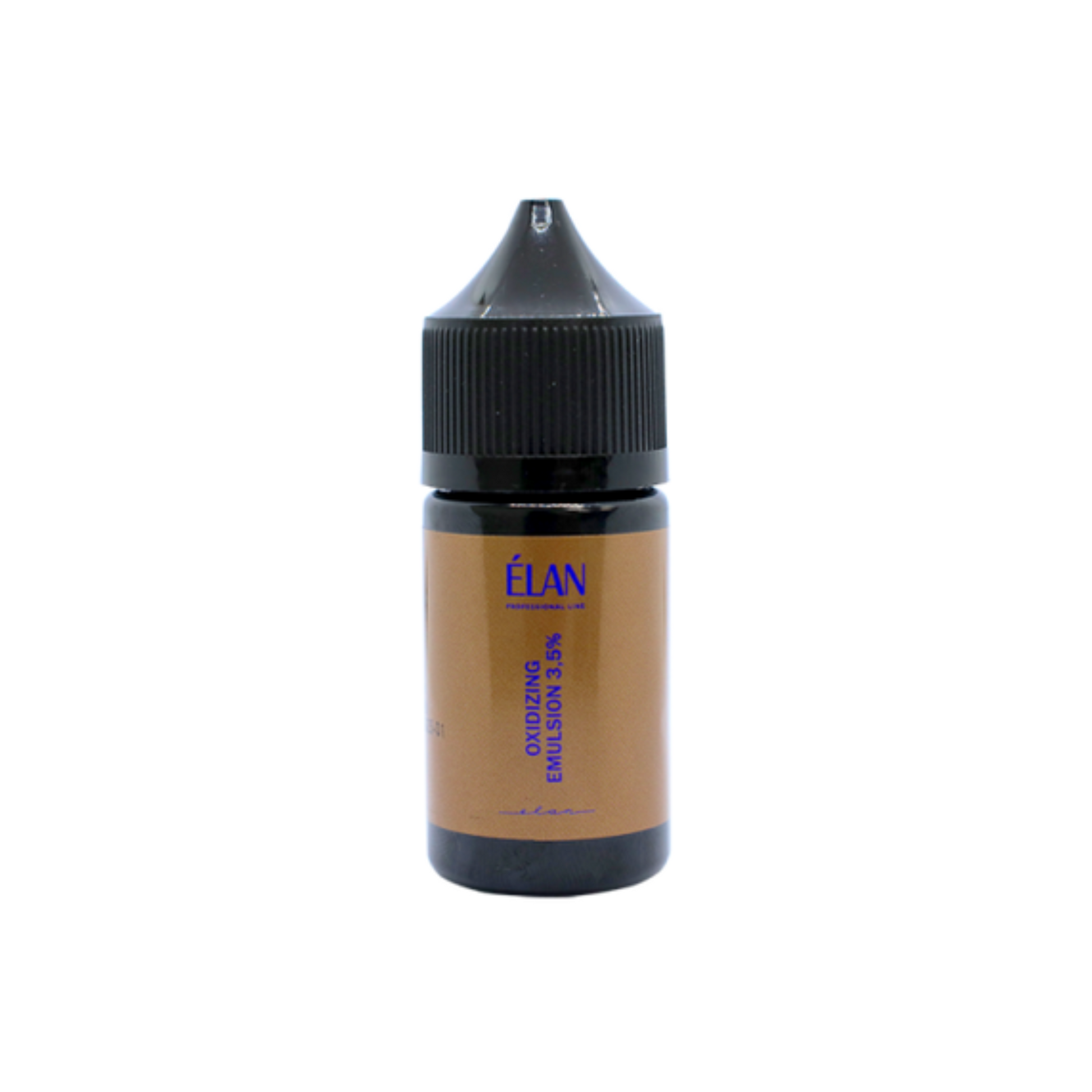 Élan Cosmetics Oxidizing Emulsion 3.5% for eyelash and brow tinting, showing a white bottle with a blue cap.