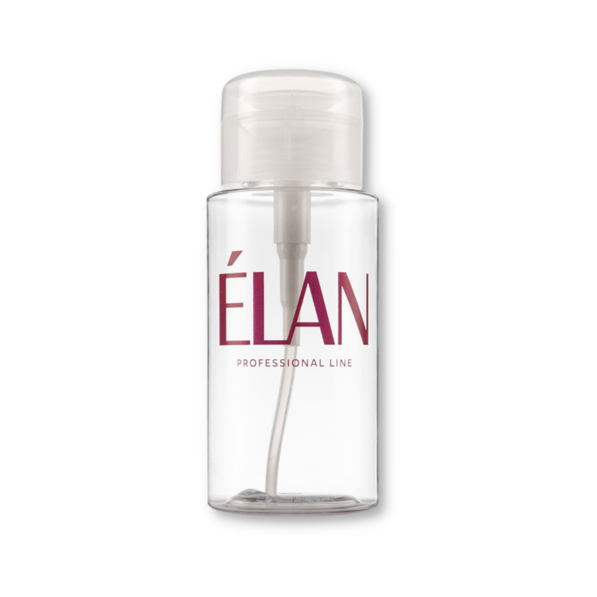 Élan Plastic Bottle with Pump Dispenser for liquids, used for lashes and brows, by Élan Cosmetics, shown with pump and clear container.