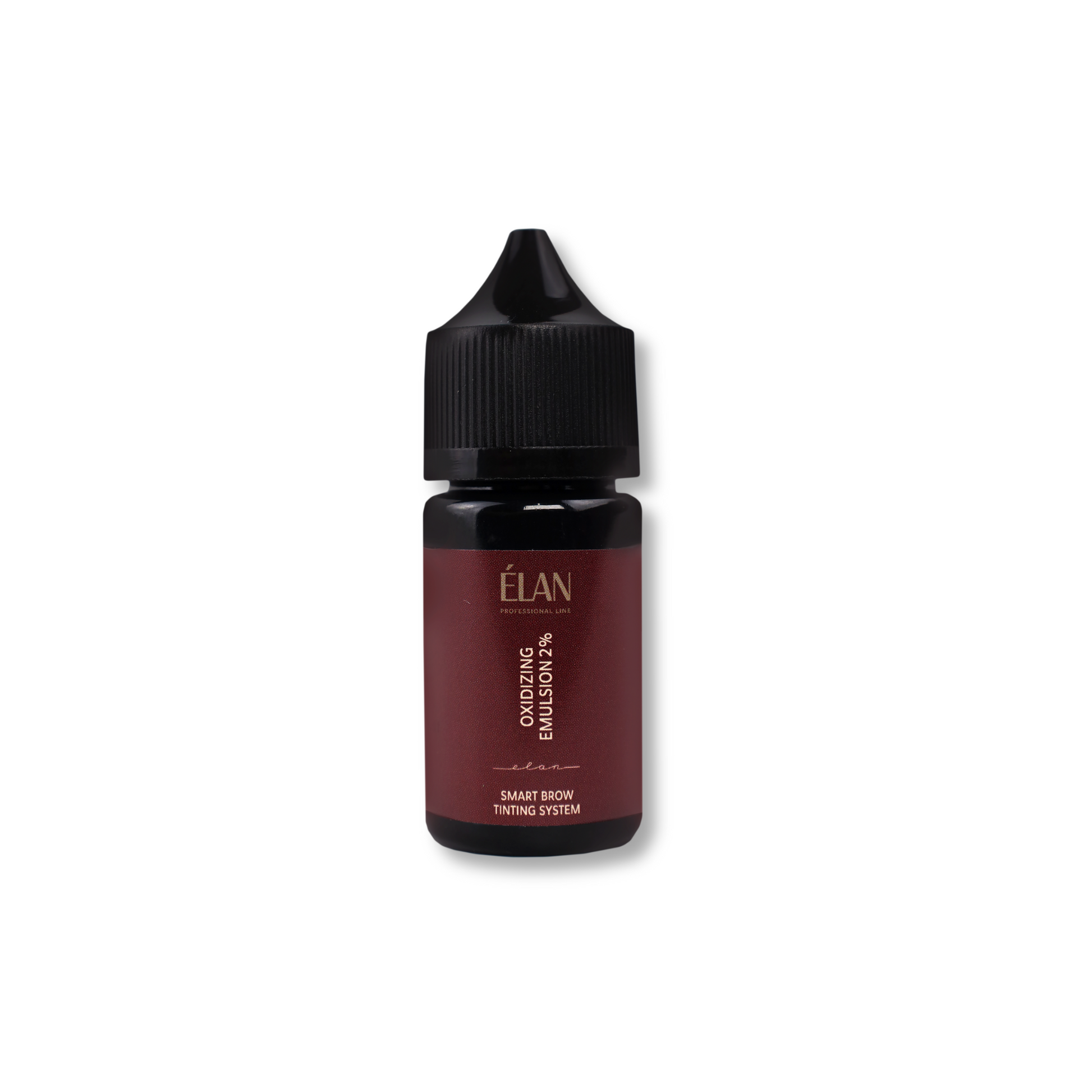 Élan Cosmetics Smart Brow Tinting System Oxidizing Emulsion 2% for lashes and brows, showing the emulsion bottle and application tools.