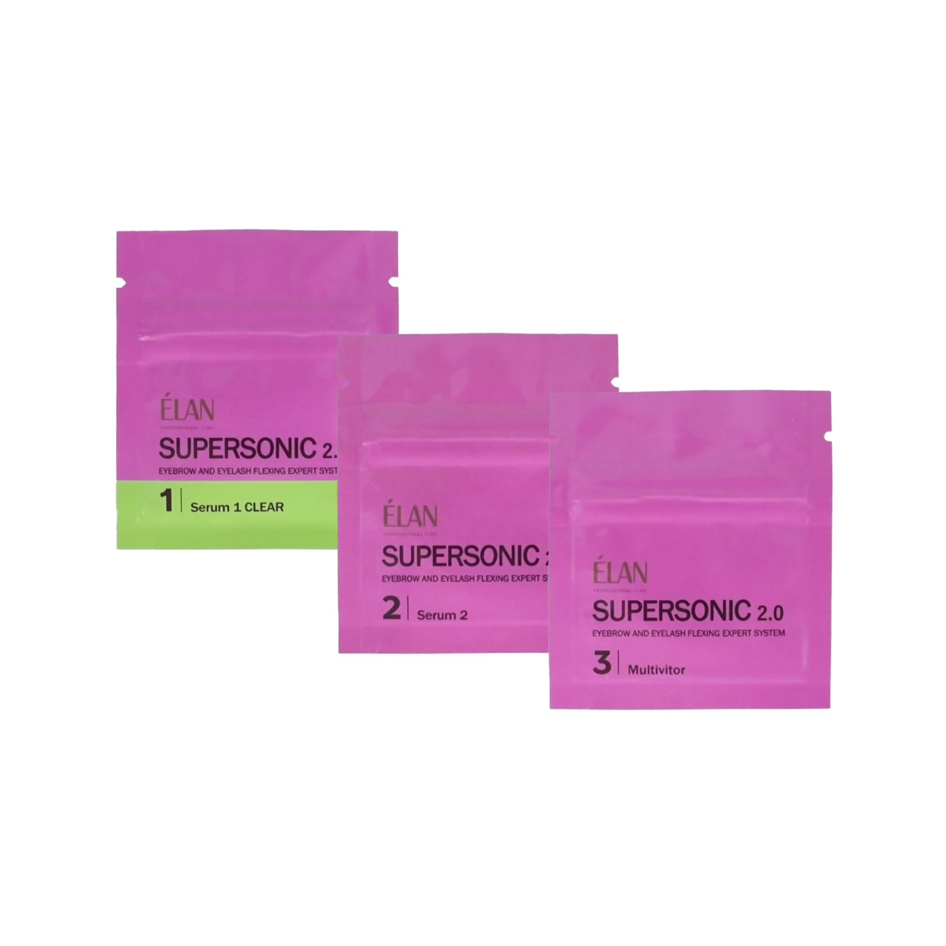 Élan Supersonic 2.0 brow lamination and lash lift sachets set, professional system for eyebrow and eyelash enhancement.