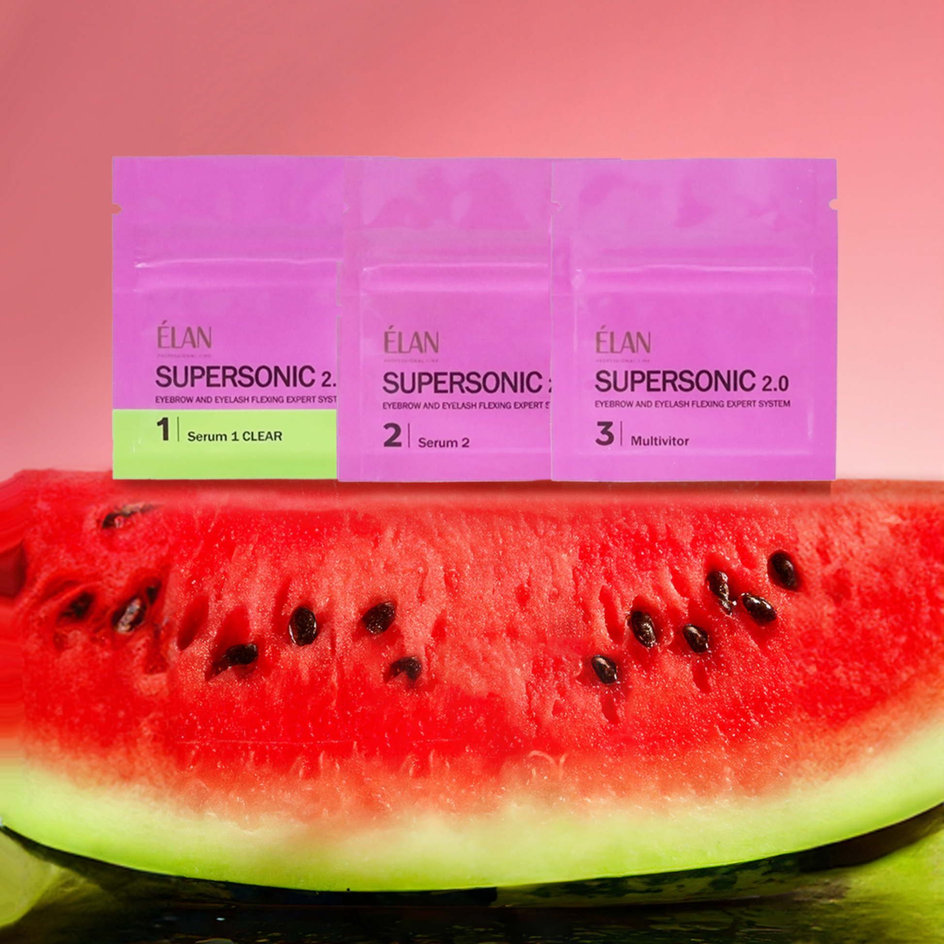 Élan Supersonic 2.0 brow lamination and lash lift sachets set showing brow and eyelash styling products in a professional package