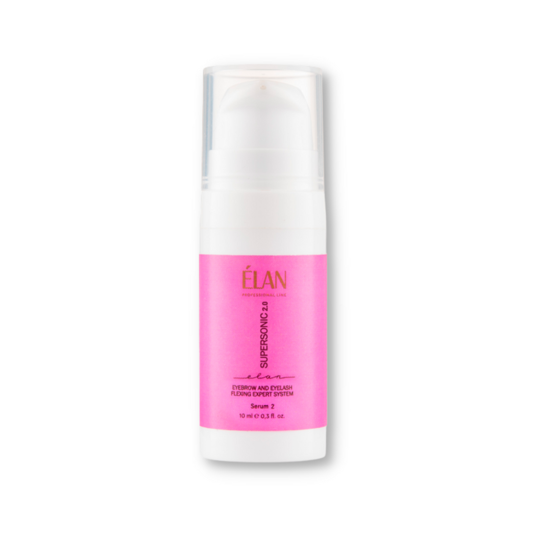 Élan Supersonic 2.0 Serum for lashes and brows lamination, showing the 210ml bottle and professional applicator in use.