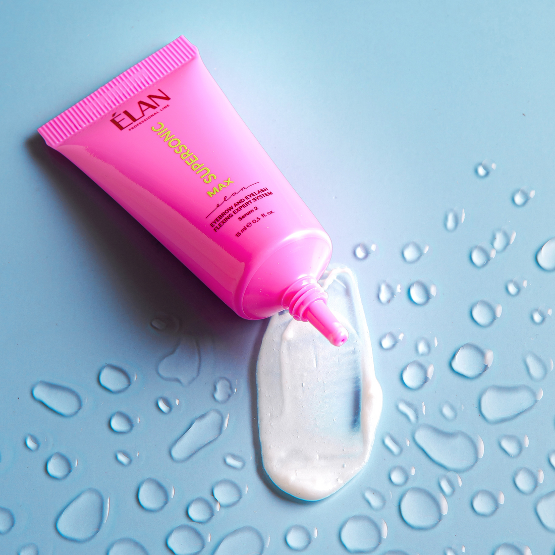 Élan Supersonic Max Serum 2 for lashes and brows lamination, 15ml, with applicator brush and sleek packaging.