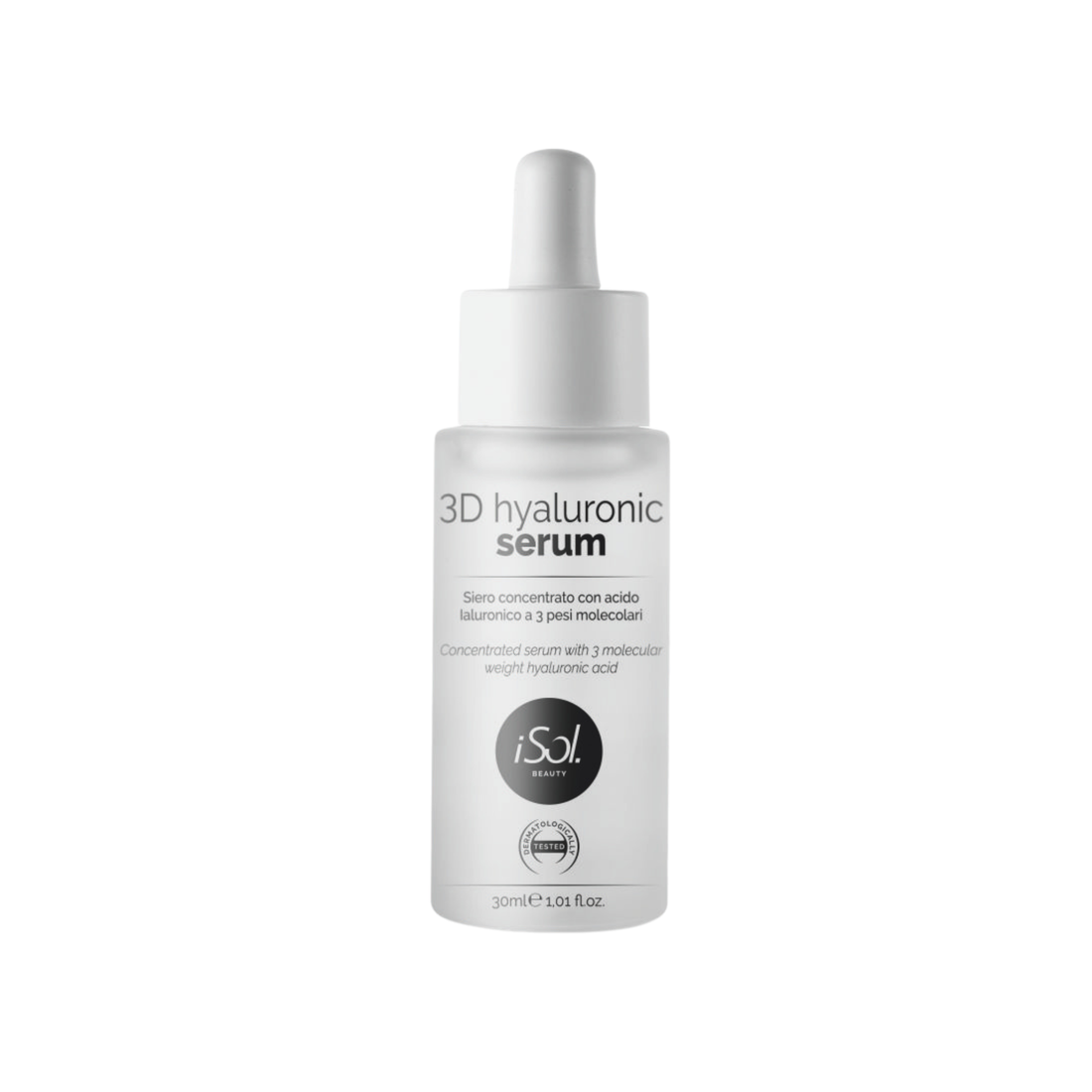 iSol.Beauty 3D Hyaluronic Serum for skin care, featuring clear glass bottle with dropper applicator and serum inside.