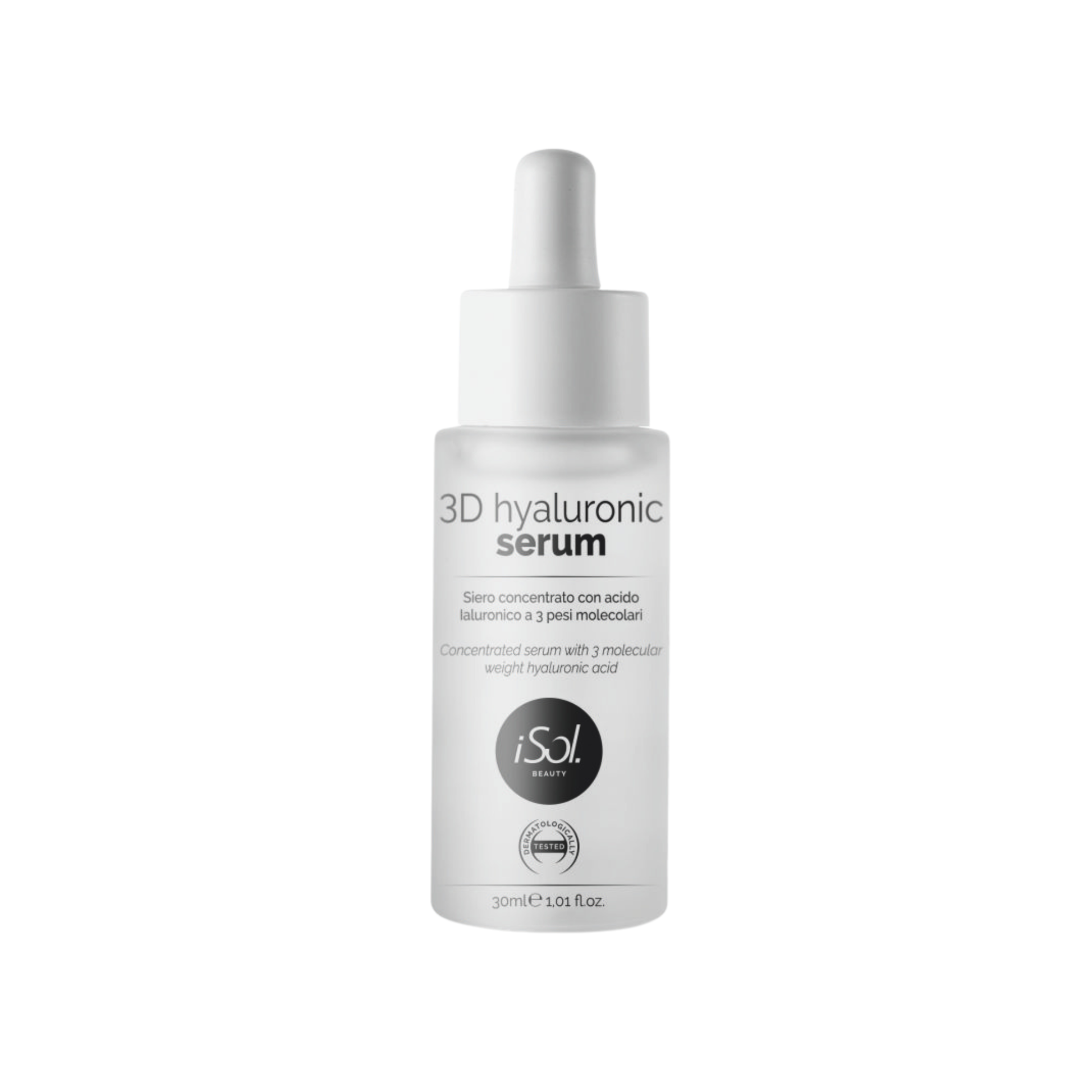 iSol.Beauty 3D Hyaluronic Serum for skin care, featuring clear glass bottle with dropper applicator and serum inside.