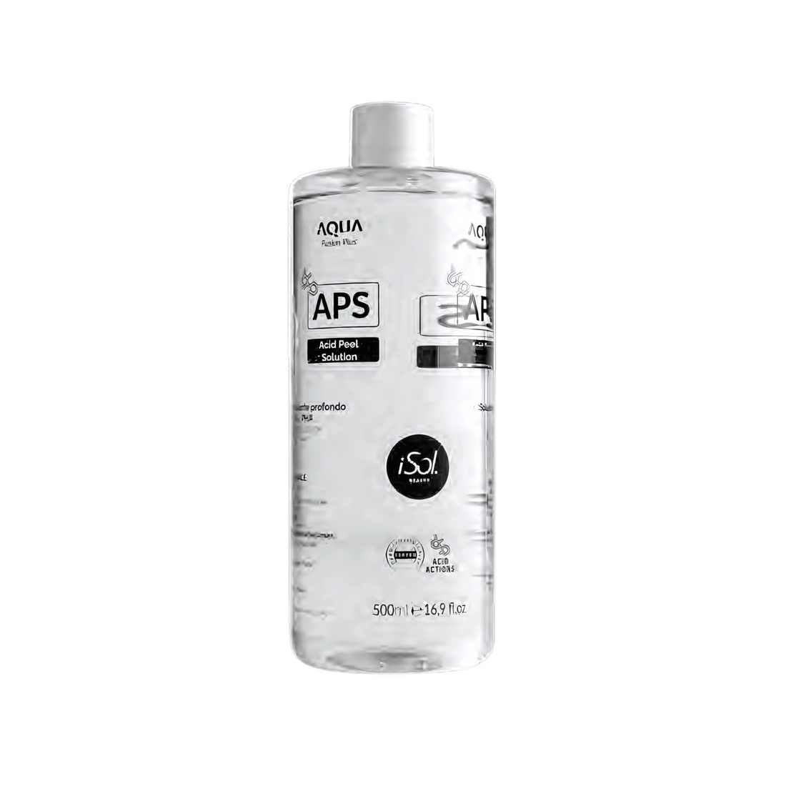 iSol.Beauty APS Acid Peel Solution bottle for skin care, featuring clear liquid in a 500ml container.