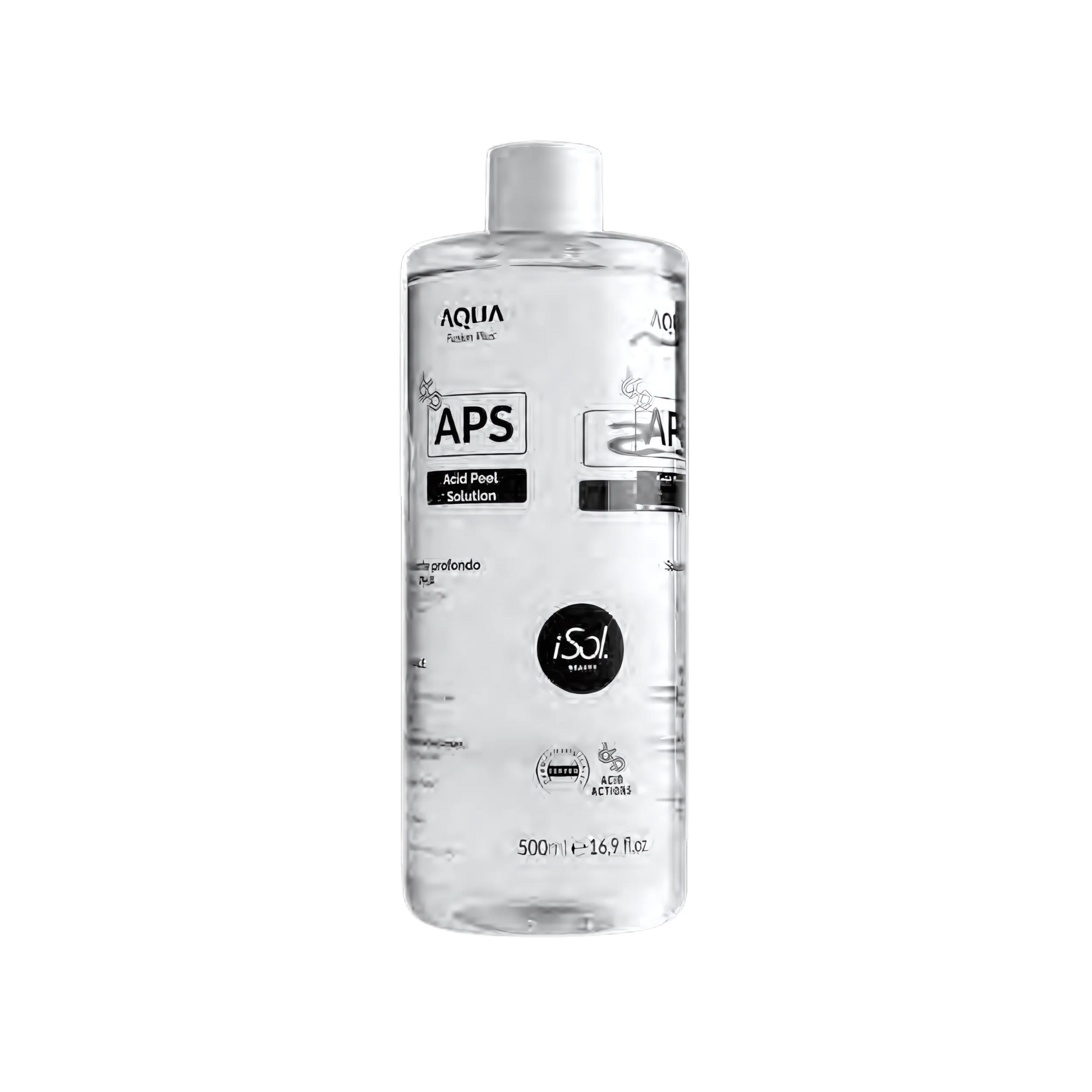 iSol.Beauty APS Acid Peel Solution bottle for skin care, featuring clear liquid in a 500ml container.