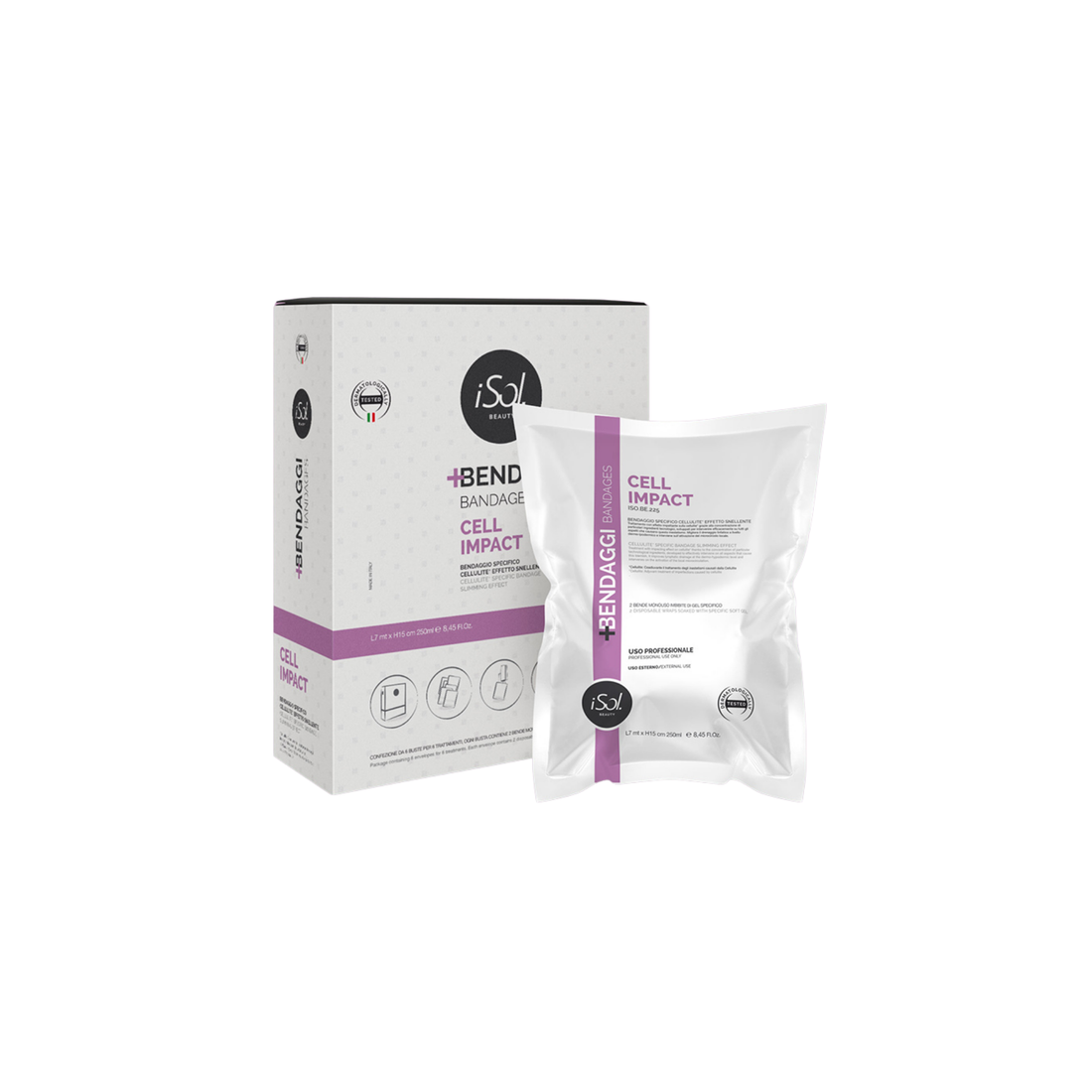 iSol.Beauty Bandage Cell Impact skin care product with white and pink bandages on a white background.
