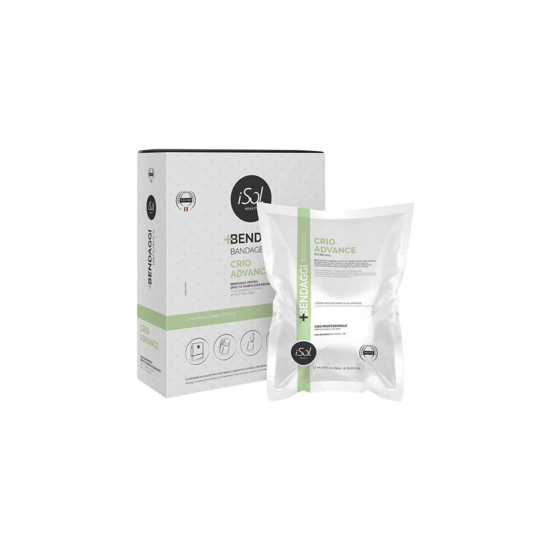 iSol.Beauty Bandage Crio Advance skin care product in a sleek container, designed for targeted skin treatment and rejuvenation.